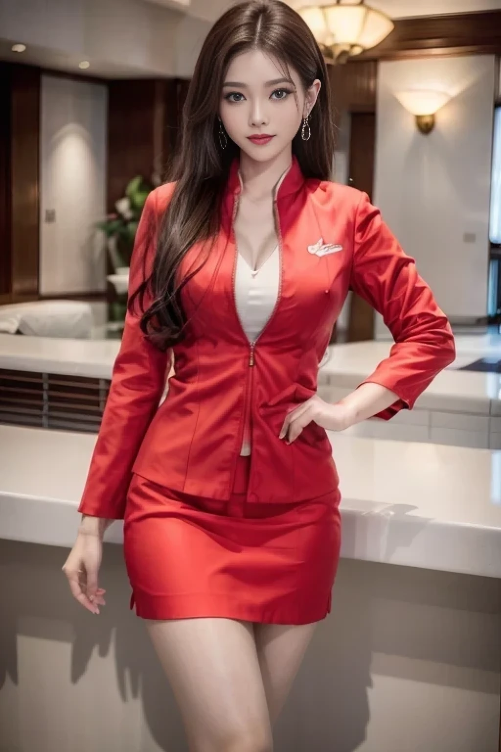 AirAsia red jacket uniform、Dark brown hair、Luxury earrings、Captivating look、Blue Eyes、Young Asian Woman