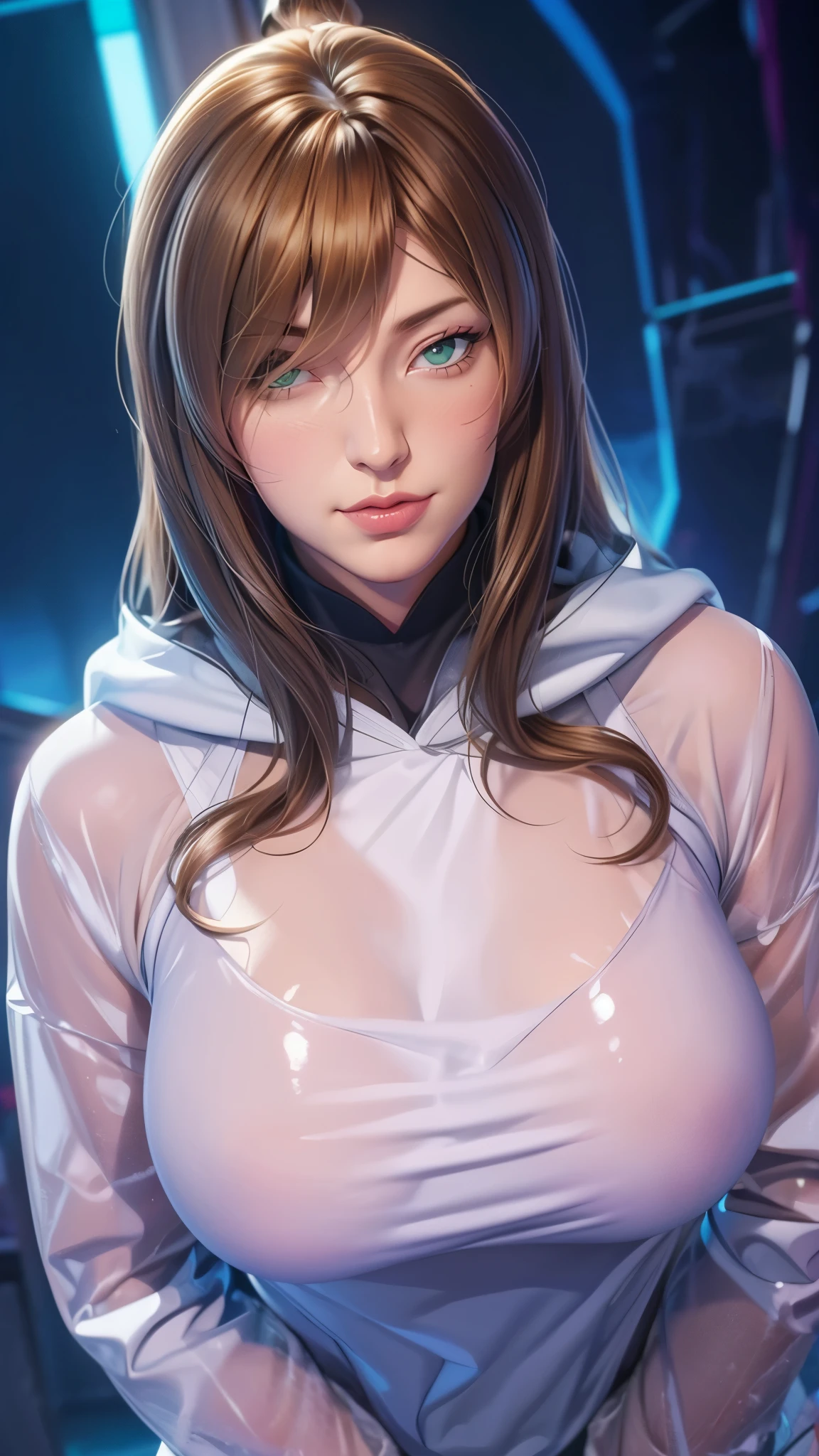 （（（完美figure，figure，solo， White and tender skin，（（（hoodie，wearing a hoodie））），（（（mei_terumi,long hair, brown hair, green eyes, hair over one eye, Red brown crossed long curly hair, right eye covered by hair, pink lips））），((masterpiece)),high resolution, ((Best quality at best))，masterpiece，quality，Best quality，（（（ Exquisite facial features，Looking at the audience,There is light in the eyes，(（（Smile，confidence)））)，））），型figure:1.7））），（（（Light and shadow，Huge breasts））），（（（Looking at the camera，black background，colorful, neon lights,baby pink, baby yellow, silver, white,Overlooking，from above ）））