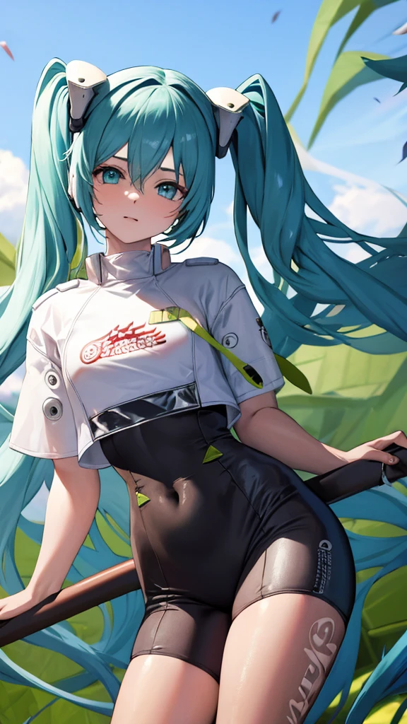 Miku, pose frontal, vista de corpo inteiro, short legging