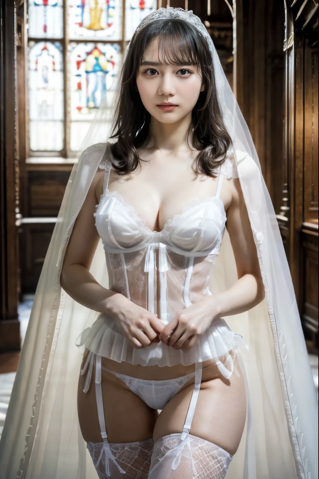 naked bride." Figure, big breasts, Beautiful nipples, the perfect body, Full body , wedding ceremony in a church,  (((plenty of attendees behind her.))).  (((white transparent wedding dress, cape, veil, loose white corset, transparent micro panties, transparent micro bra, and fishnet stockings.))) . thick pubic hair. ,(Best Quality, 4K, 8K, High resolution, masutepiece:1.2), Ultra-detailed, (Realistic, Photorealistic, Photorealsitic:1.37), royal, Captivating, (Vibrant colors, sharp chest:1.1), Soft lighting"Writhing expression. the most beautiful woman in the city.