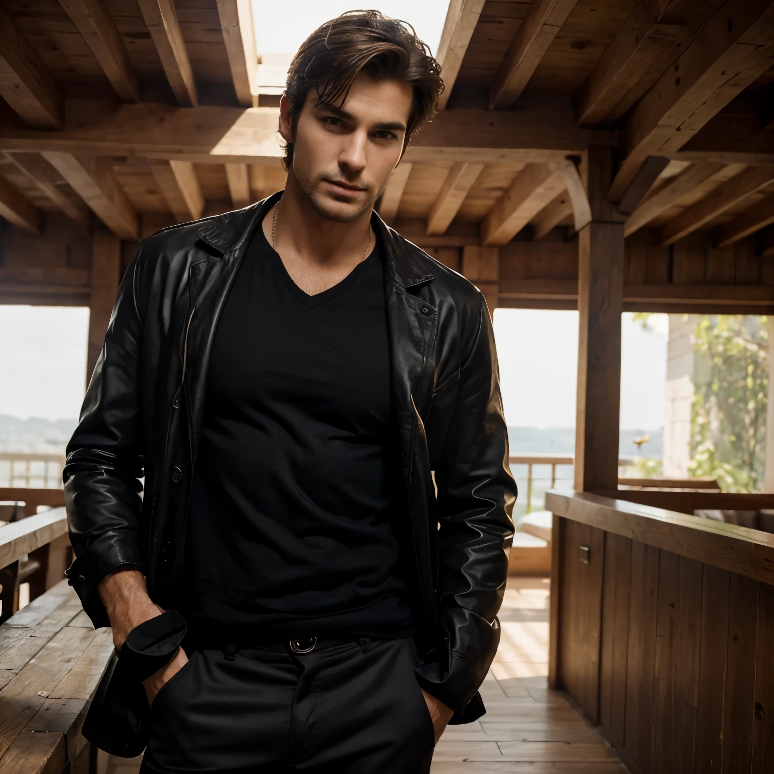 Prompt: Damon Salvatore relaxes in a luxurious swimming pool, exuding the aura of a badass gangster. The scene is set at night, with the pool illuminated by soft, ambient lighting. Damon, with a confident and nonchalant expression, leans against the pool's edge. He has a drink in one hand and his other arm draped casually over the side. His wet hair slicked back, a dark shirt open at the collar, enhancing his edgy, rebellious look. The background features an opulent mansion, enhancing the atmosphere of power and sophistication.
