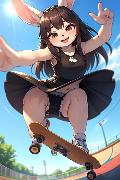 from below , hairy short rabbit mom , round face , (tilt face:1.1) , (half-open wink:1.2) , moist round eyes , Swollen cheeks , dark color hair , long hair , lively smile , glossy lips , summer dress , upskirt , skateboard park , ride skateboard , (high speed Blur:1.3) , Hair fluttering in the wind , (To land a trick) , bushy crotch , skate board