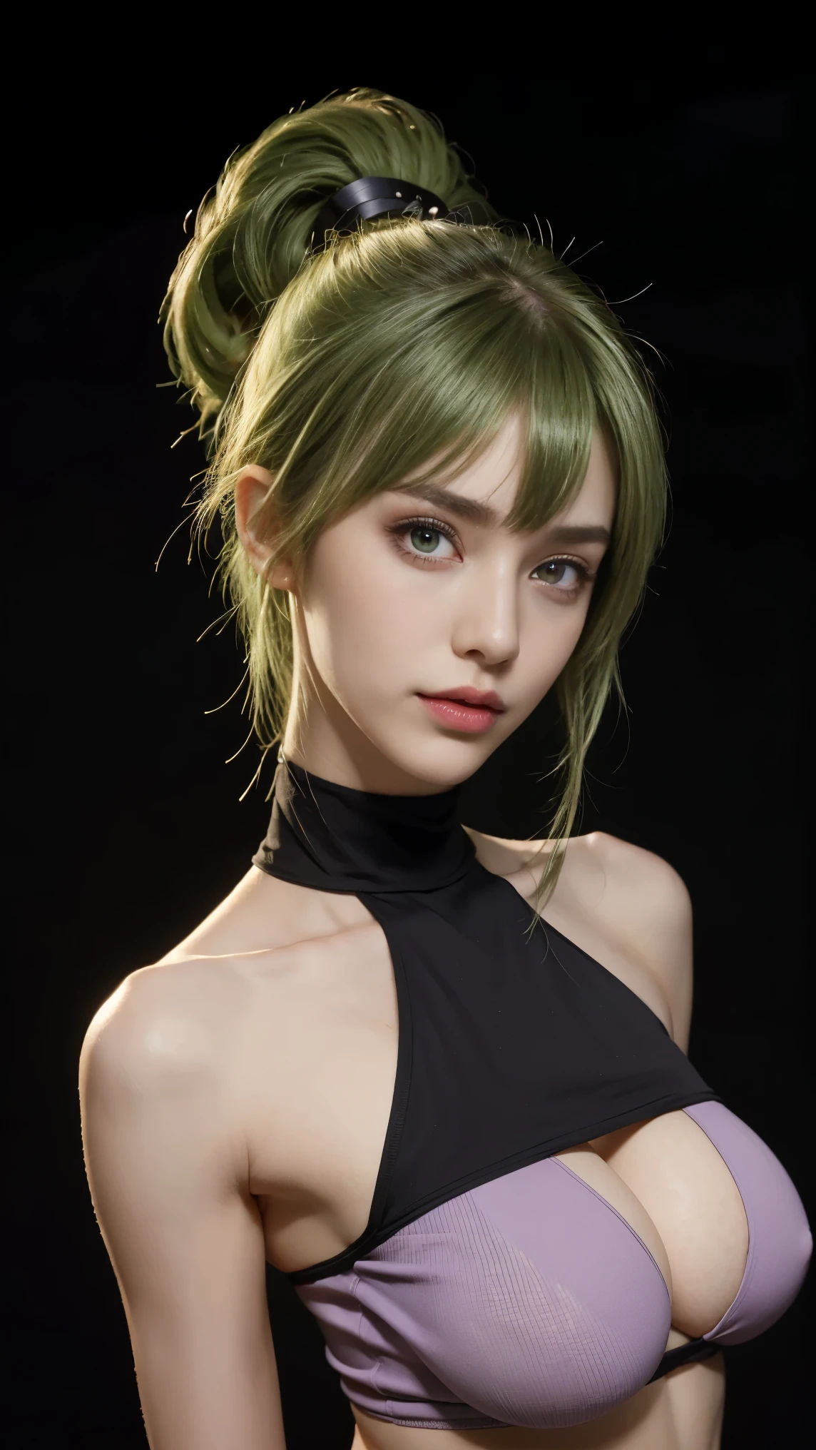 K, Top Quality, Intricate Details, Ultra Detail, Ultra High Resolution, Masterpiece, close up shot, (full body: 1.1), Slender, Smile, (Makeup: 0.4), (Fluffy purple Eyes: 1.21), (()), 1girl, solo, 1 girl, ((green hair, bangs, high ponytail)), close up shot, , ((tall)), (((fit body))), (((slim face))), sharp face, (()) (detailed face), sharp face, small lips, , , ((,, )), , ((black short, black crop top,)), detailed face, detailed breast, , ((large breast, huge breast)), detail ass, Narrow Waist, Skinny, tall , 190 cm tall, Muscular, Navel, Exposed Abdomen, Pointed Chest,, Beautiful girl with accentuated slender abs: 1.4, Six Pack Abs: 1.4, Bust Botox, Big, Perfect Body, detail leg, (( dark background)), black background,