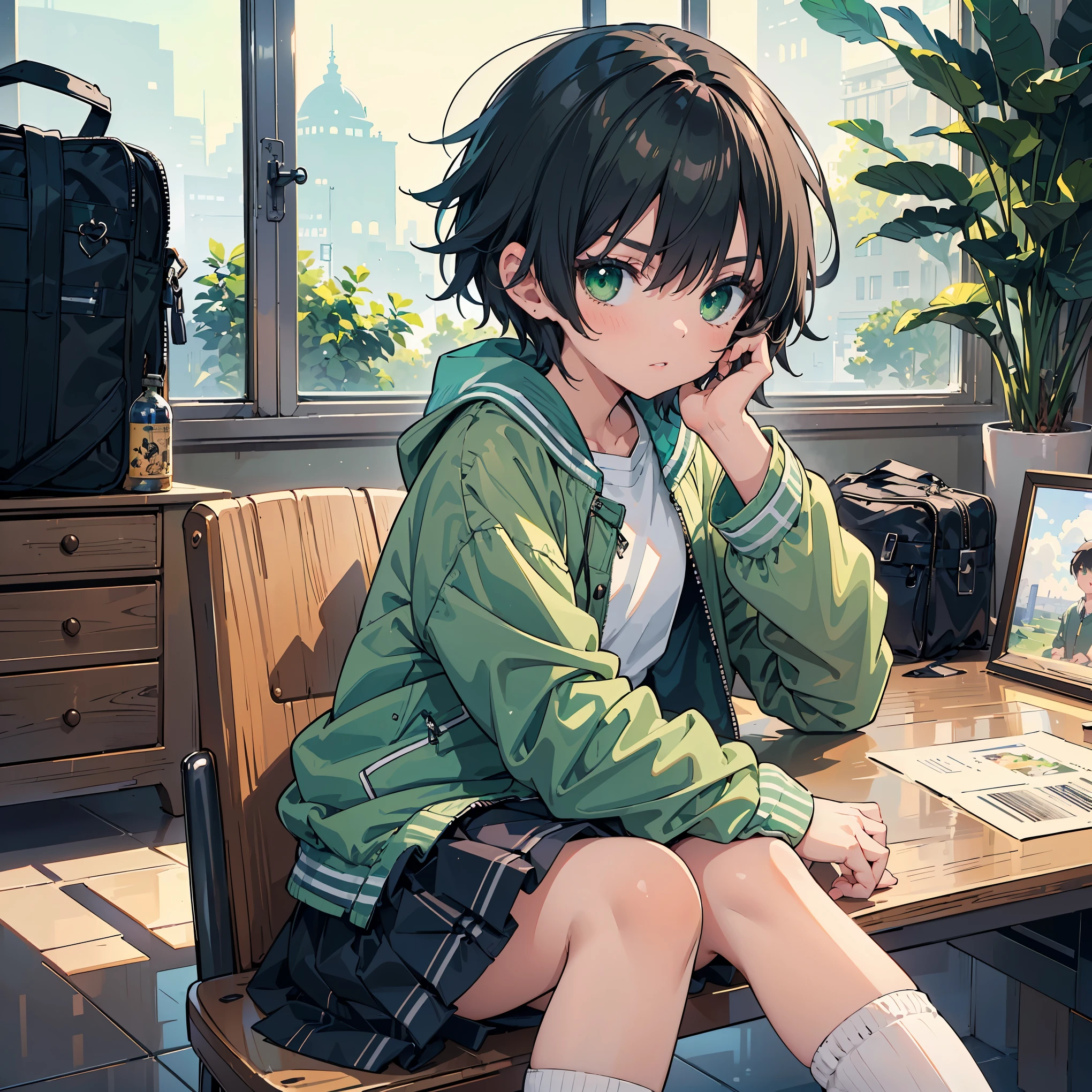 (masterpiece:1.2), (Highest quality:1.2), Ultra-high resolution, Very detailed, Perfect Eyes, Perfect Face, Perfect lighting,((Seated Anime Girl)), Headrest, anger, Surreal Girl, (1 person,Lolita,boyish, , 13 years old:1.3),((alone:1.3)), , The charm of androgyny, (Very short hair), ((Black Hair)), Messy Hair, small and soft breasts,Slender body, Small Ass, Small green eyes,Fine and beautiful eyes, Well-proportioned iris and pupil, Expressive eyes, Beautiful and detailed lips, High resolution detailed hair, ((Light green jacket:1.4)),(White shirt:1.4),((Check skirt)), Light green socks, Brown Loafers, Student Bag, ultra high density skin, Portraiture, Gweiz-style artwork, Makoto Shinkai&#39;Art Style, lofi Portraiture, Digital anime art, Makoto Shinkai style, LOFI Girl, Anime style illustrations, ロフィArt Style, Anime illustration