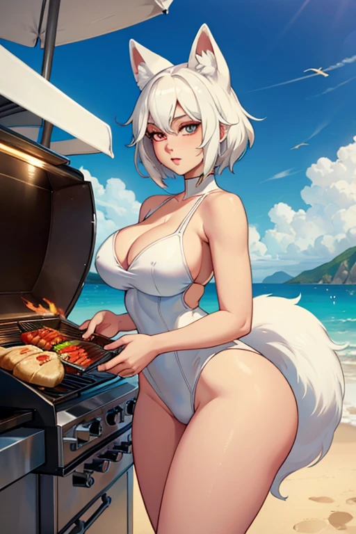 A white haired woman with copper eyes with an hourglass figure with white fox ears and a white fox tail wearing a one piece swimsuit is working the grill at the beach