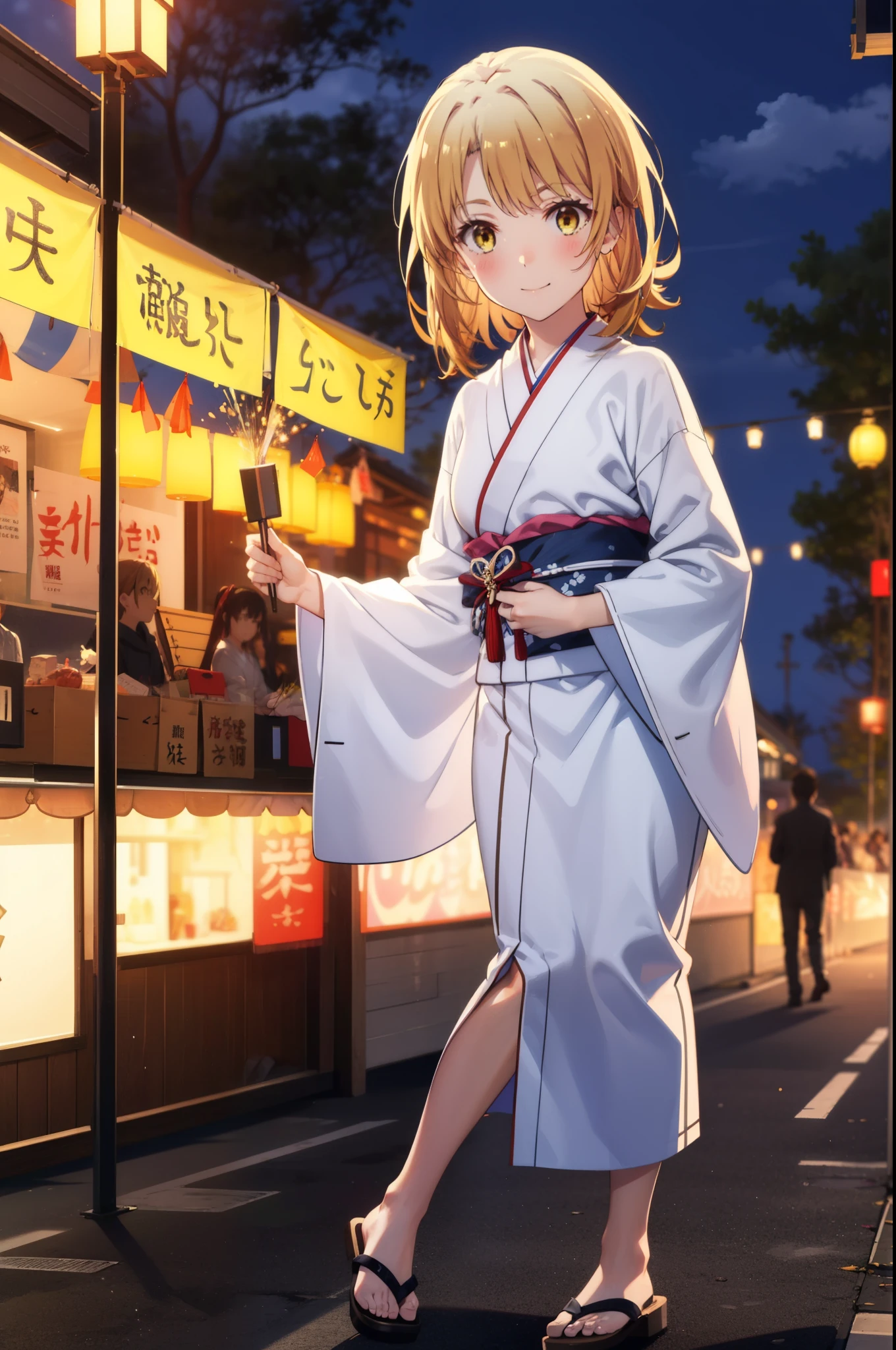irohaisshiki, Iroha Isshiki, Long Hair, Brown Hair, (Brown eyes:1.5), smile,Yellow Kimono,White tabi,Sandals,日本のFestivalり,夏Festivalりの屋台,Red lantern,Fireworks in the night sky、Fireworks,The place is a fireworks display,Time is night,sunny day,whole bodyがイラストに入るように,歩いている
break outdoors, Festival,
break looking at viewer,whole body,
break (masterpiece:1.2), highest quality, High resolution, unity 8k wallpaper, (figure:0.8), (Beautiful fine details:1.6), Highly detailed face, Perfect lighting, Highly detailed CG, (Perfect hands, Perfect ),