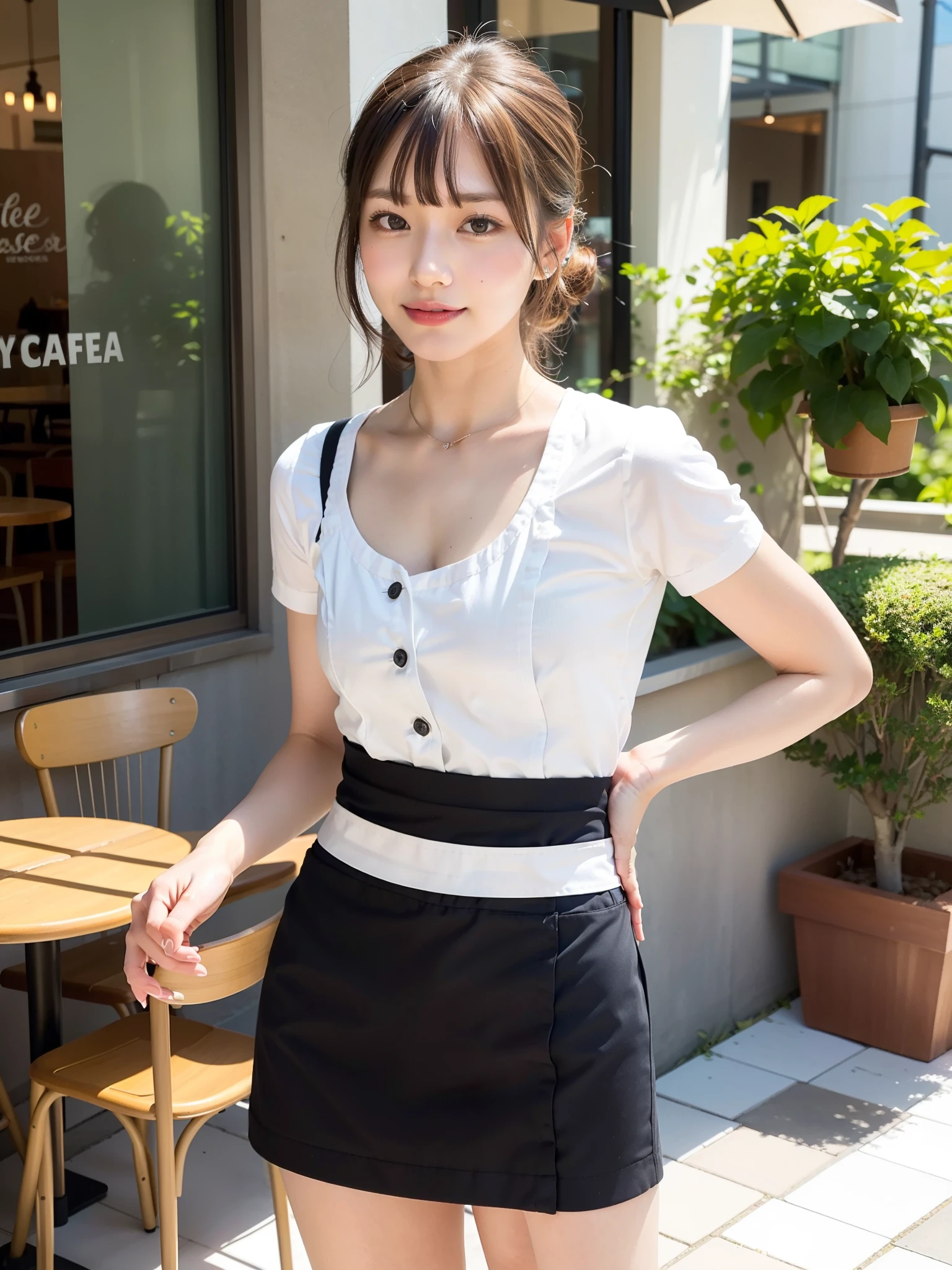 ((Best of the highest quality, 8k, Masterpiece: 1.3, raw photo)), Sharp focus: 1.2, (1 AESPA, slim body type female, 21 y/o: 1.1), (Solo: 1.2), (realistic, photo-realistic:1.37), face focus, cute face, finely eyes, (small breasts, flat chest, Thigh: 1.3), (short messy hair, bangs, updo: 1.28), (cafe waitress: 1.32), terrace dining, sun light, flower, (from below: 1.1)