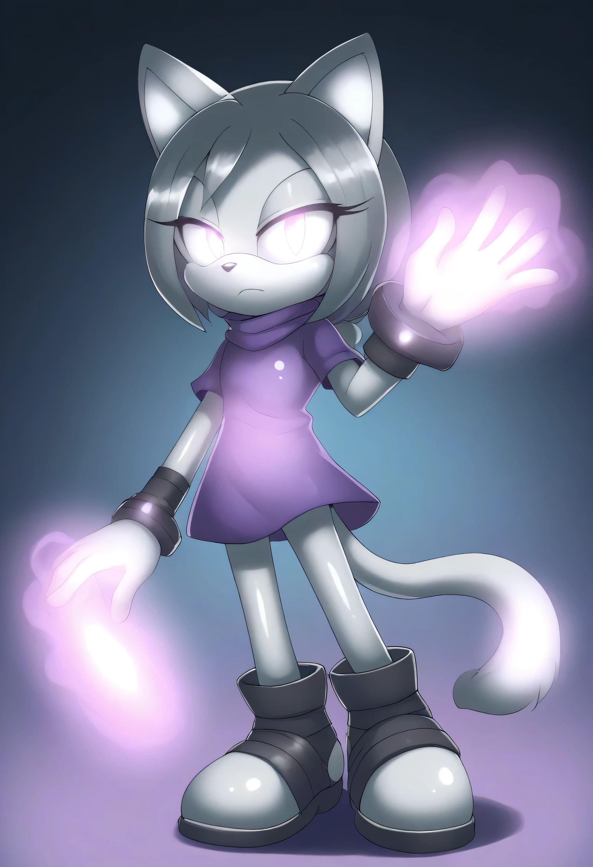 a cartoon cat with a glowing tail and a purple shirt, white glowing aura, glowing aura around her, with glowing eyes, magical shiny skin, glowing magical shiny skin, with glowing purple eyes, magically glowing, glowing aura, silver eyes full body, white glowing eyes, with glow on some of its parts, glowing lens flare wraith girl, glowing dark aura