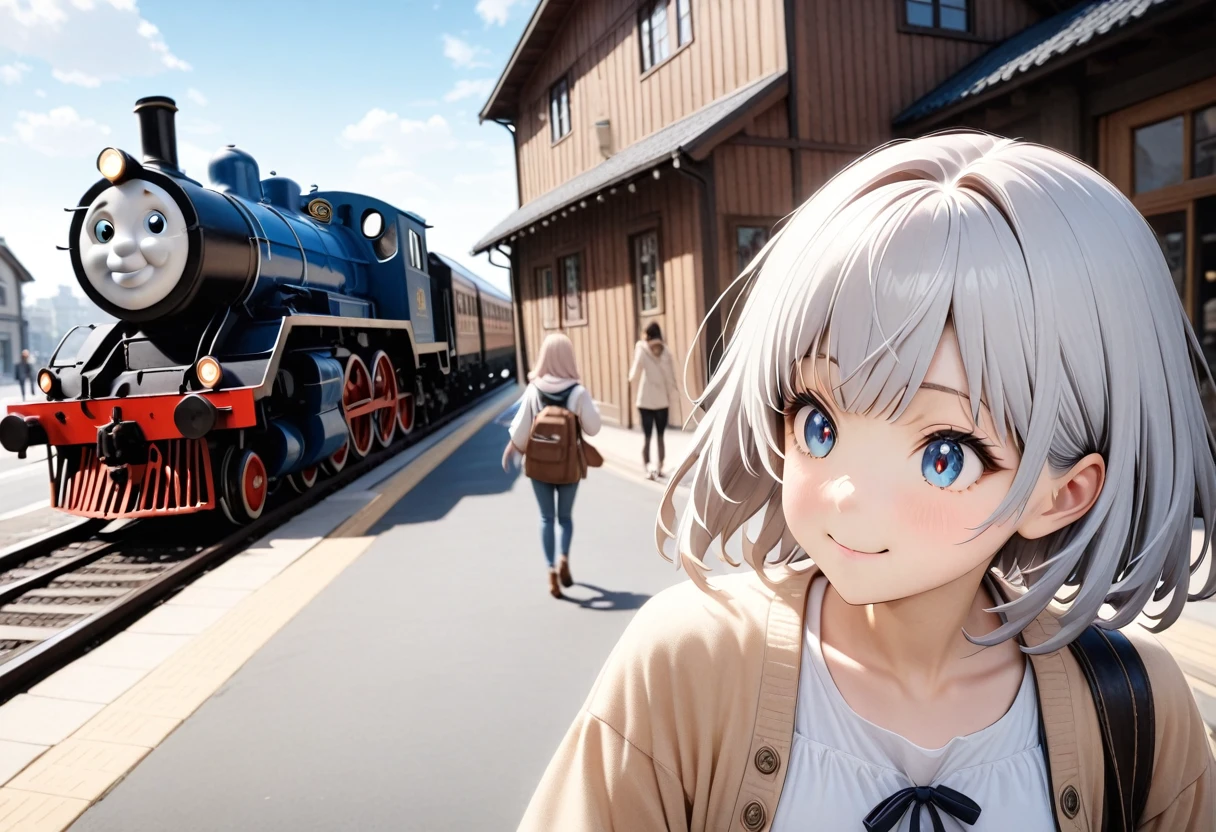 masterpiece, 最high quality, A girl and an old Japanese electric locomotive, similar to the EF58, next to her.、Suspenseful tension「an old electric locomotive」A composition in which a man approaches from behind a girl、Fisheye Lens、A girl in a wide-angle shot、sunlight, A dark navy blue sky with a gradation effect、A girl in the background、17 years old、 A cute face full of delicate and affectionate feelings、A happy look、Humorous images、Well-balanced eyes, nose and mouth、Baby Face, (Silver Hair)、A fantasy world where a girl stands next to a large, shabby building that looks like an old railroad shack, and a rugged, violent, tiny person the size of a sesame seed coexist.、Huge old trains and electric locomotives、A single huge EF58-like light is dimly lit, like a stone on the side of the road. An old electric locomotive 、Approaching the girl from behind was an enormous EF58 train, ten times the height of the girl.、railだらけで踏切の鳴りやまない古い町並みの世界観、People like sesame seeds walking down the street、People like sesame seeds biting the girl、Highly detailed and surreal brick station building, platform、rail、Branching point、と遠くまで行くrailと点滅してる踏切のランプや信号,地平線が見える広い視野のある景色に溶け込む正面から見るrailとホームと古い電気機関車、Detailed face, , Clear focus, Volumetric Fog, 8k , Large format SLR camera, high quality,, Wide-angle lens、Someone seems to be talking to Thomas.。Who was it that called him?？Thomas the Tank Engine？