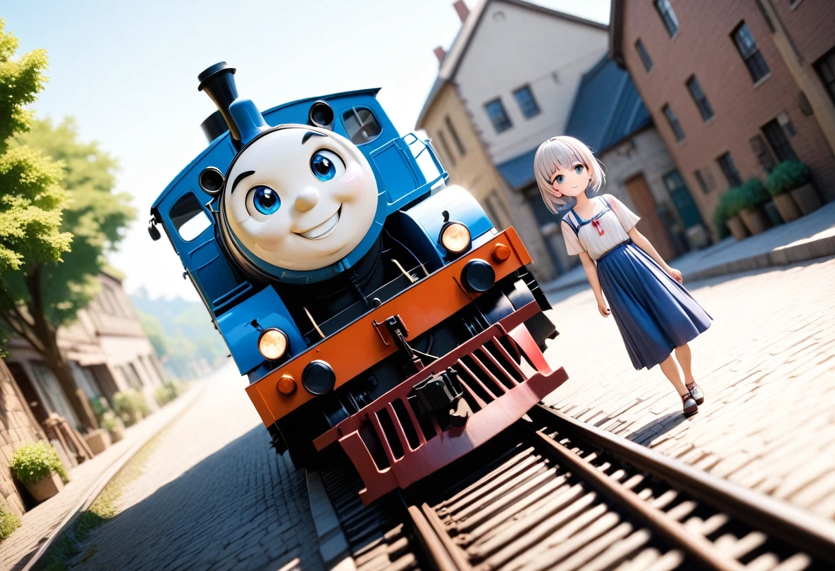 masterpiece, 最high quality, A girl and an old Japanese electric locomotive, similar to the EF58, next to her.、Suspenseful tension「an old electric locomotive」A composition in which a man approaches from behind a girl、Fisheye Lens、A girl in a wide-angle shot、sunlight, A dark navy blue sky with a gradation effect、A girl in the background、、 A cute face full of delicate and affectionate feelings、A happy look、Humorous images、Well-balanced eyes, nose and mouth、Baby Face, (Silver Hair)、A fantasy world where a girl stands next to a large, shabby building that looks like an old railroad shack, and a rugged, violent, tiny person the size of a sesame seed coexist.、Huge old trains and electric locomotives、A single huge EF58-like light is dimly lit, like a stone on the side of the road. An old electric locomotive 、Approaching the girl from behind was an enormous EF58 train, ten times the height of the girl.、railだらけで踏切の鳴りやまない古い町並みの世界観、People like sesame seeds walking down the street、People like sesame seeds biting the girl、Highly detailed and surreal brick station building, platform、rail、Branching point、と遠くまで行くrailと点滅してる踏切のランプや信号,地平線が見える広い視野のある景色に溶け込む正面から見るrailとホームと古い電気機関車、Detailed face, , Clear focus, Volumetric Fog, 8k , Large format SLR camera, high quality,, Wide-angle lens、Someone seems to be talking to Thomas.。Who was it that called him??Thomas the Tank Engine?