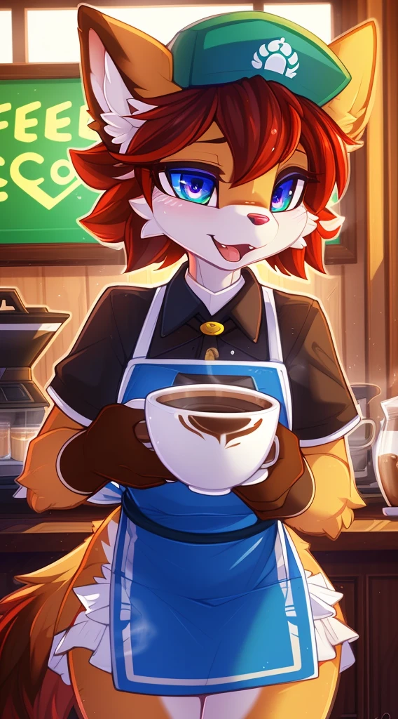 Solo, Female Mascot, Star Butts Coffee Logo, (round shape with a star design), (wearing a barista uniform with an apron and a coffee bean hat), (big, striking, and expressive eyes with a twinkle of happiness), (holds a steaming cup of coffee with one hand), (by Hioshiru, by Bayard Wu, by Thomas Benjamin Kennington, by fluff-kevlar, by r-mk, by Dimwitdog), detailed and vibrant colors, bold and clear letters for the coffee shop name, (playful and inviting expression), (perfectly proportioned), (explicitly conveys the message of coffee and friend
