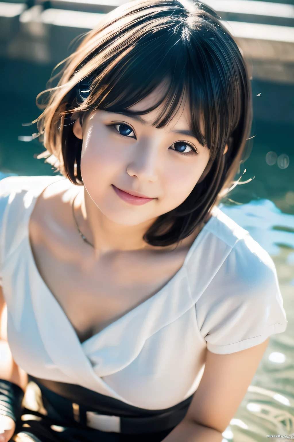 best quality, masterpiece, illustration, (realistic, photo-realistic:1.37), amazing, finely detail, incredibly absurdres, huge filesize, ultra-detailed, highres, extremely detailed CG unity 8k wallpaper, extremely detailed eyes and face, ray tracing, 1girl, small breasts, (long gloves), A portrait of a young Japanese girl with short black hair and brown eyes sitting sideways on the surface of water against a pure white background. Strong light shines from below the water, creating an artistic, ethereal atmosphere. She is wearing a hair ornament, juliet sleeves, long light purple blouse, black belt tied at the waist of the blouse, white gloves that go up to her elbows. She has rosy blushed cheeks and a slight, bashful smile on her face as she sits on the illuminated water. Digital art portrait with a minimalist, artistic style.