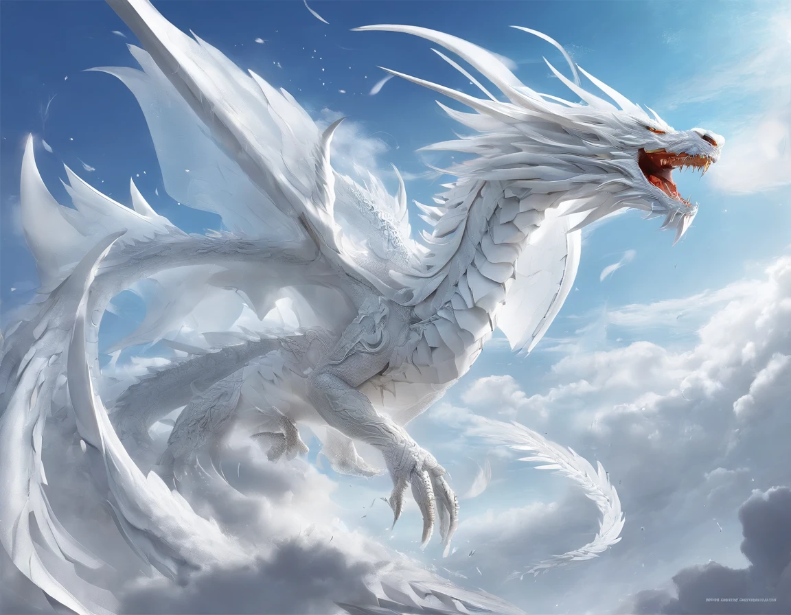 masterpiece、(White background:1)、White dragon surrounded by white clouds、deity々Halo、wind、deity、Long wavy body、Fangs、Upper part of the body、peculiar、myth、high quality、Very detailed、masterpiece、epic、Particle Effects、dynamic effect