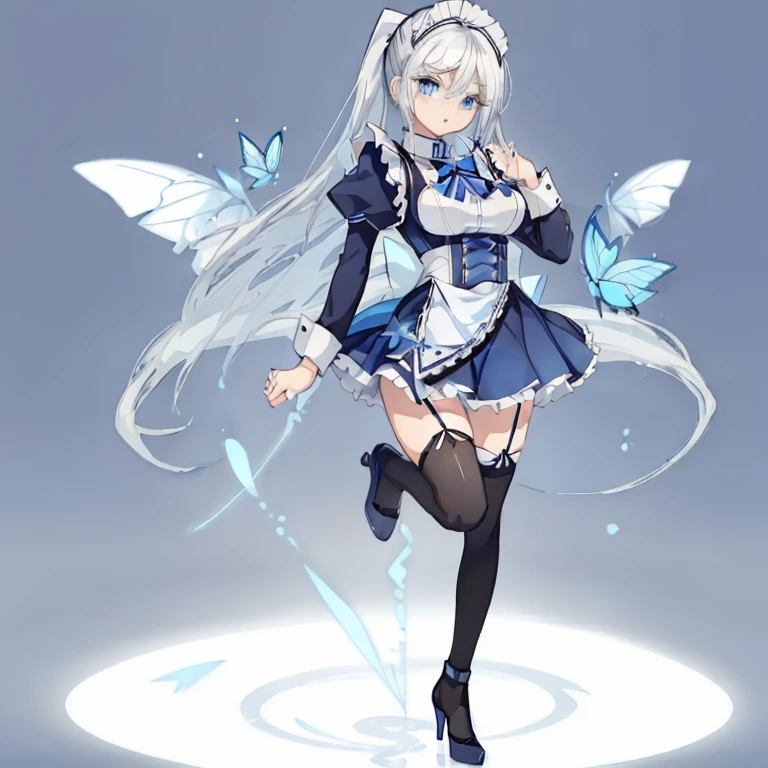 1 girl,White Hair,Long Hair,ponytail,Blue Eyes,Sharp Eyes,Maid,Maid服,Ample breasts,Mature,Fighting Pose,cool,Miniskirt,Knee-high,garter,Stiletto heel pumps,Blue Butterfly