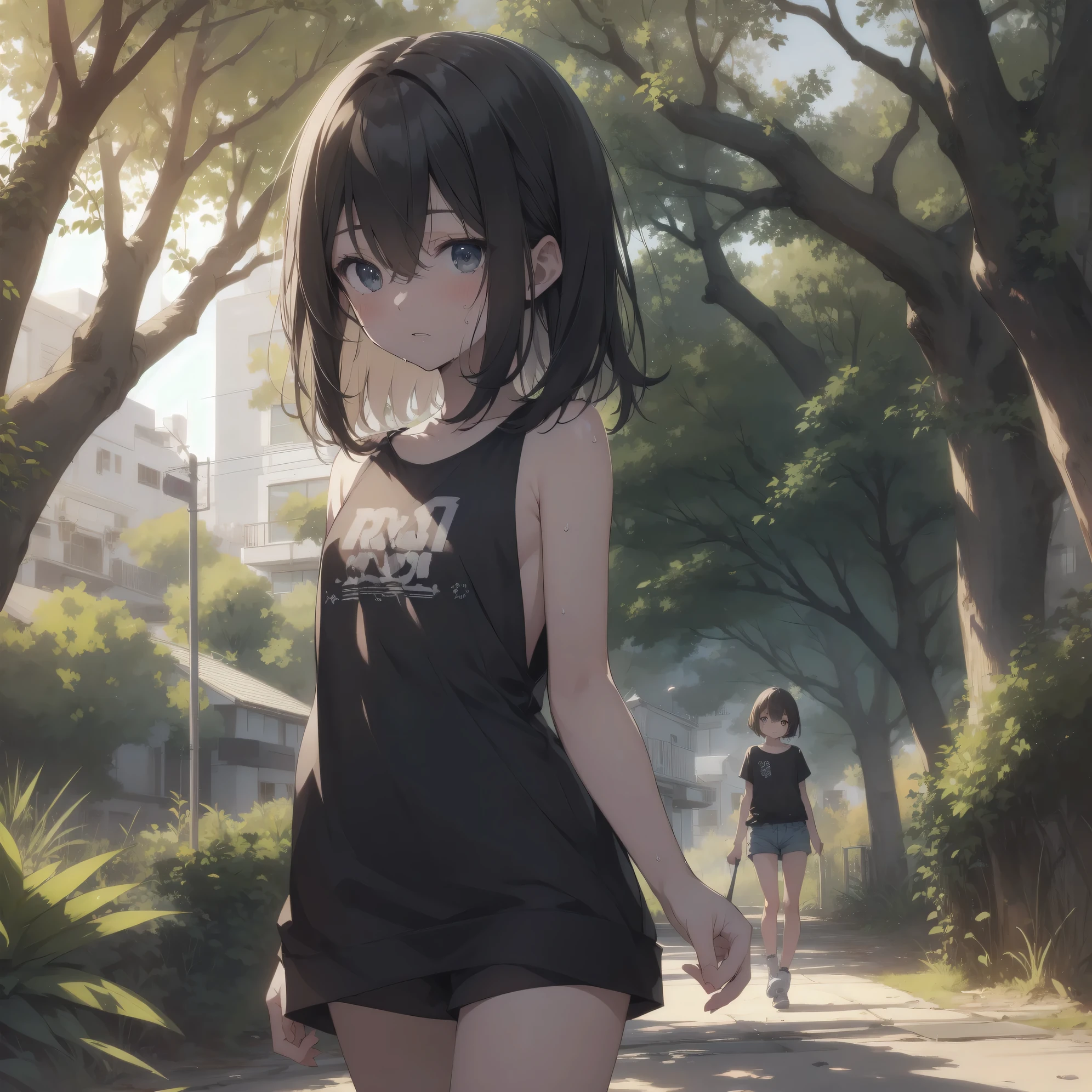 ultra-absurdres-Top quality by artist God, ultra-detailed, high resolution, anime moe artstyle, best anime 8k konachan wallpaper, pixiv contest winner, pool:2810, perfect anatomy,break, 1girl, (Solo,tomboy, 9-year-old:1.3),Full limbs, complete fingers,(very short hair), messy hair, sweat, blush, flat chest, groin, small butt, small black eyes, beautiful detailed eyes, well-proportioned iris and pupils, expressive eyes, highres detailed hair, soft expression, tank top, short shorts, walking, sleepily, (Detailed Lighting), (Detailed background), summer, in the park. break,super detailed skin, Best cinematic lighting powered by famous artist, 8k,beauty illustration,photoshop_(medium),very aesthetic,break,((artist:beni_shake )), artist:bolze ,artist:oyari ashito ,artist:kantoku ,