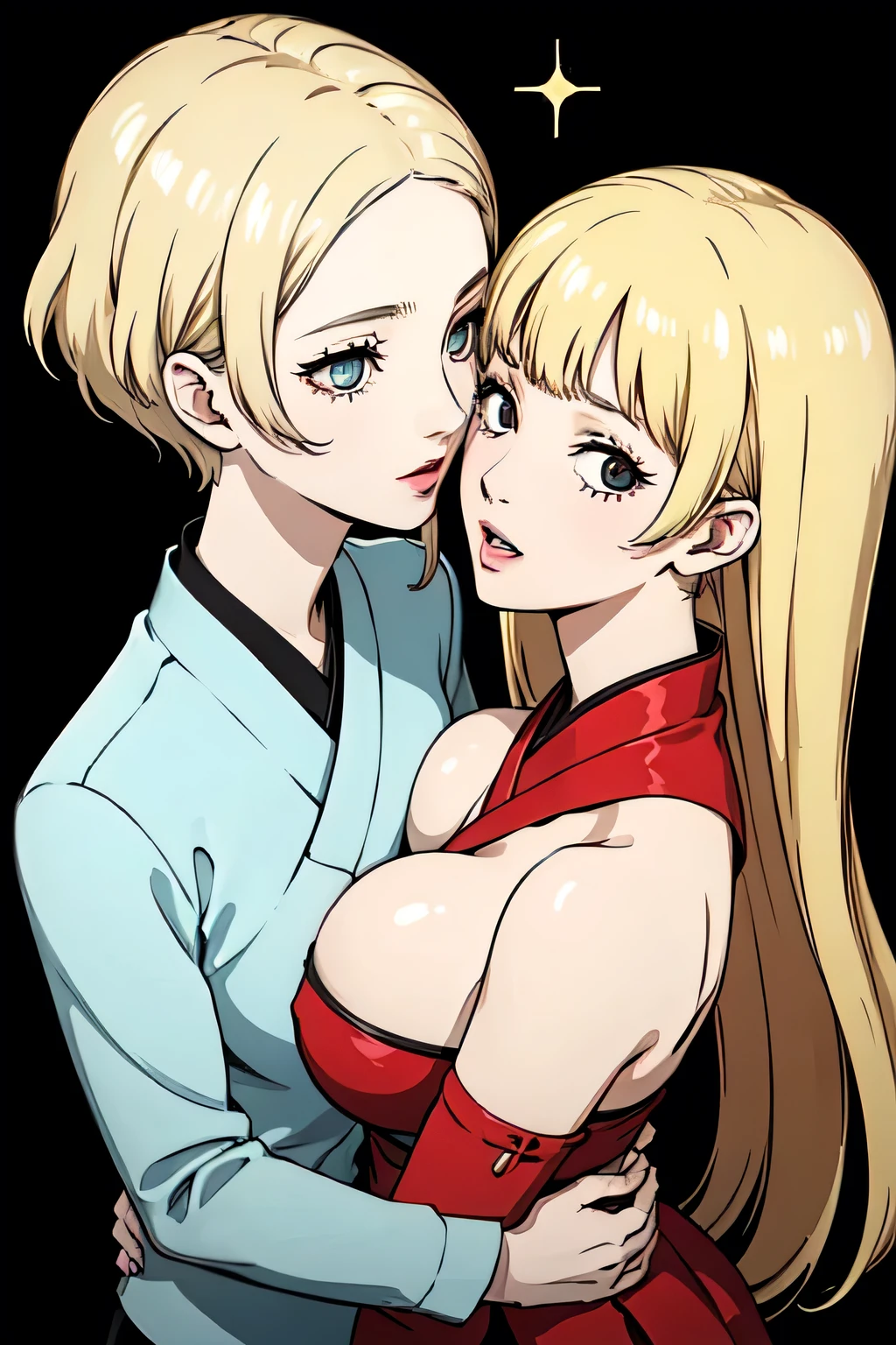 ((blank background)),(((Two girls))),(One is a 22-year-old Korean KPOP idol，blonde short hair.),(One is an 24 year-old Japanese long-haired gravure idol，plump figure.),(Face stained:1.3),(Huge Breasts),Back hug,cheeks and cheeks,((They all look at the audience.)),small areola,open your mouth,Narrow your eyes,kiss,from above,(((Their eyes are full of provocation))),The two are lovers,Beautiful eyes reflect light,Hair reflects light and sparkles,photo shoot