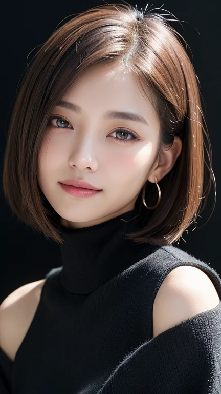 (((Close-up of face)))、(((Absolutely shoulder-length brown straight short bob)))、(((She is posing like a hair salon model, with a black wall indoors as the background.)))、(((Casual black winter long sleeves with shoulders covered)))、Half Japanese, half Korean、18 year old girl、Standing Alone、Looking forward、Light eye makeup、Brown Hair Color、Flat and 、Hair blowing in the wind、Actress Quality、Glossy, ultra-realistic face、Smiling face、Watery eyes、Gazing Up、Subtle lighting effects、 Ultra-Realistic Capture、Very detailed、High resolution 16K close up of human skin。Skin texture must be natural、The details must be such that pores can be clearly seen、The skin is healthy、Uniform tone、Use natural light and colors、A worn-out, high-quality photo taken by a model agency&#39;s in-house photographer.、smile、(((SIGMA 300 mm F/1.4,1/1000 sec shutter,ISO 400))) 