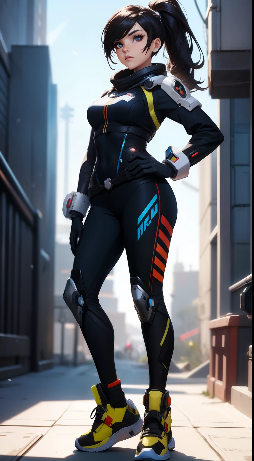 Female character concept, beautiful, cute face, sci-fi costume, stylized, with gloves and ponytail, overwatch style, sci-fi elements on the costume, full body with air force sneakers