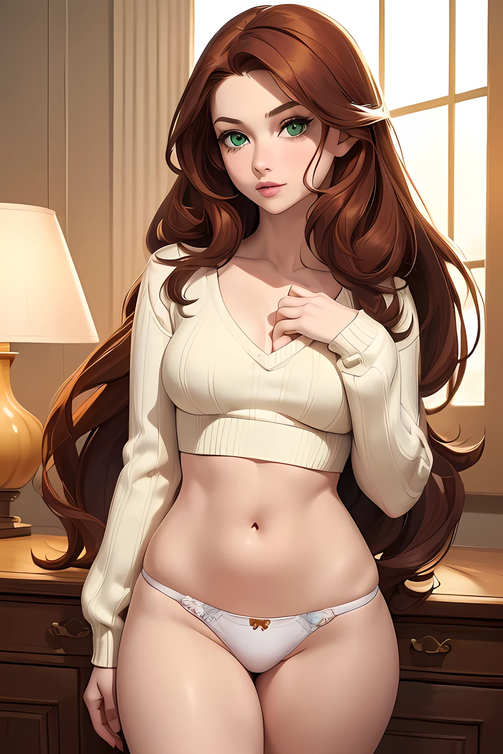 ((Masterpiece)) ((Portrait)) ((Young Woman)) ((Beautiful)) (((Small Breasts))) ((Thick Thighs)) (Auburn Hair)) ((Long Hair)) ((Green Eyes)) ((Pale Skin)) ((full panties, cotton panties)) ((v neck sweater, crop top)) ((Full lips)) ((large nose))