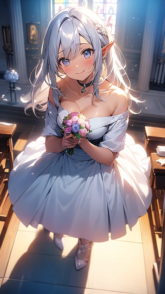 One elf girl, dark skin, golden color contacts, beautiful silver hair, bob hair, pointed ears, pink lips, white wedding dress, bouquet, happy smile, church, many white doves fly