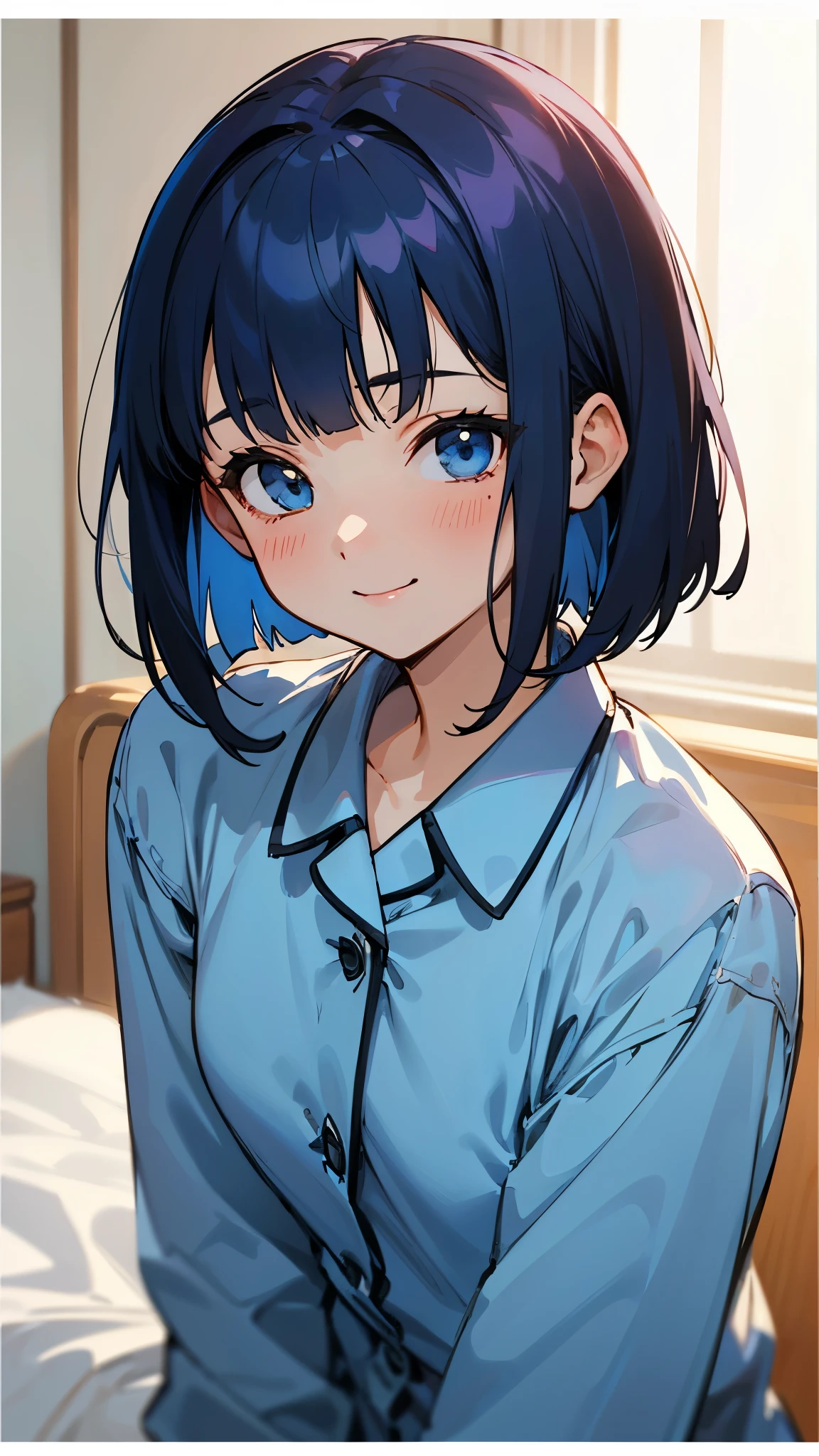 18-year-old girl sitting on bed、alone、Anime style painting、Wearing pajamas、Indigo Hair:1.3、Bobcut、smile、smile、The soft texture of pajamas、Upper body close-up、Black and blue colour scheme、Background Blur、Depth of the drawn border