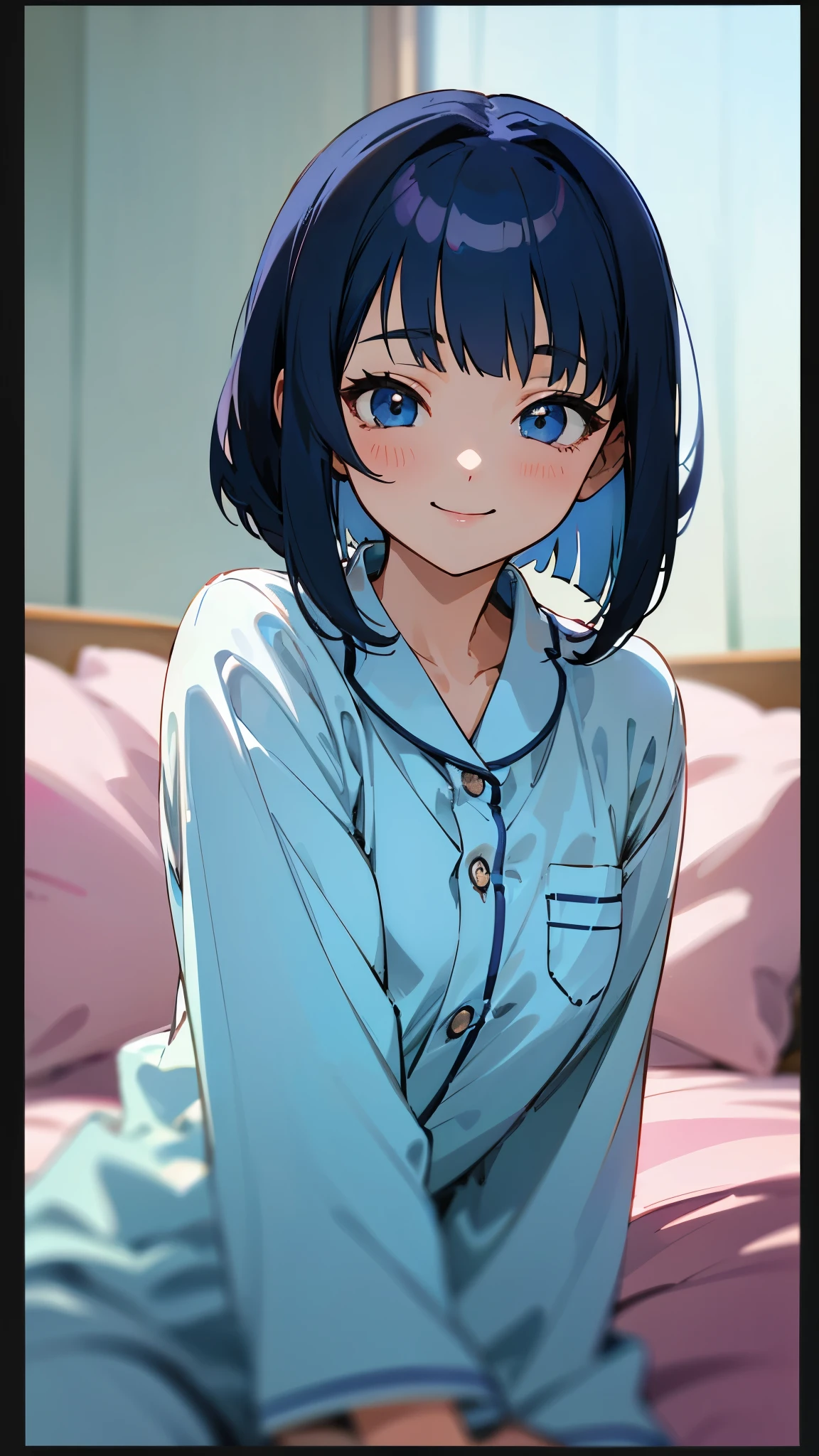 18-year-old girl sitting on bed、alone、Anime style painting、Wearing pajamas、Indigo Hair:1.3、Bobcut、smile、smile、The soft texture of pajamas、Upper body close-up、Black and blue colour scheme、Background Blur、Depth of the drawn border