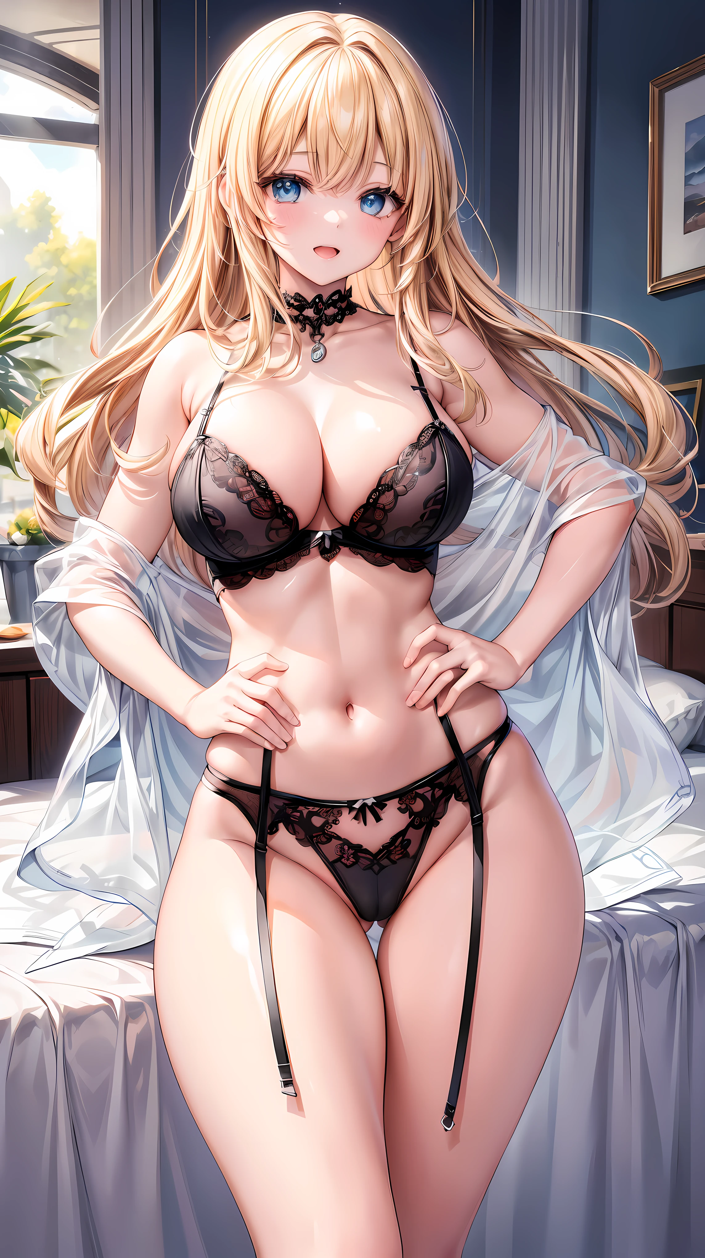(Adult women:1.5)、Very detailed、highest quality、Best image quality、masterpiece、8k、Anime Face、A kind smile、(Open your mouth:1.3)、Sparkling blue eyes、(Blonde Hair:1.5)、Muscles of the whole body、(High leg:1.5)、Thigh belt、(Wearing lingerie:1.5)、(Cowboy Shot:1.5)、(SFW Giant)、(Put your hands on your hips)、(Thick body:1.2)