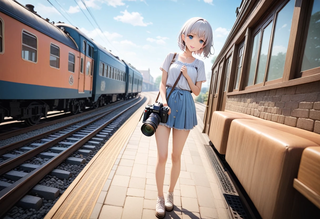 masterpiece, 最high quality, A girl and an old Japanese electric locomotive, similar to the EF58, next to her.、Suspenseful tension「an old electric locomotive」A composition in which a man approaches from behind a girl、Fisheye Lens、A girl in a wide-angle shot、sunlight, A dark navy blue sky with a gradation effect、A girl in the background、、 A cute face full of delicate and affectionate feelings、A happy look、Humorous images、Well-balanced eyes, nose and mouth、Baby Face, (ir)、A fantasy world where a girl stands next to a large, shabby building that looks like an old railroad shack, and a rugged, violent, tiny person the size of a sesame seed coexist.、Huge old trains and electric locomotives、A single huge EF58-like light is dimly lit, like a stone on the side of the road. An old electric locomotive 、Approaching the girl from behind was an enormous EF58 train, ten times the height of the girl.、railだらけで踏切の鳴りやまない古い町並みの世界観、People like sesame seeds walking down the street、People like sesame seeds biting the girl、Highly detailed and surreal brick station building, platform、rail、Branching point、と遠くまで行くrailと点滅してる踏切のランプや信号,地平線が見える広い視野のある景色に溶け込む正面から見るrailとホームと古い電気機関車、Detailed face, , Clear focus, Volumetric Fog, 8k , Large format SLR camera, high quality,, Wide-angle lens、Someone seems to be talking to Thomas.。Who was it that called him?？What is the electric train Popoko?？