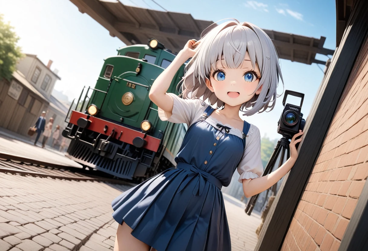 masterpiece, 最high quality, A girl and an old Japanese electric locomotive, similar to the EF58, next to her.、Suspenseful tension「an old electric locomotive」A composition in which a man approaches from behind a girl、Fisheye Lens、A girl in a wide-angle shot、sunlight, A dark navy blue sky with a gradation effect、A girl in the background、************、 A cute face full of delicate and affectionate feelings、A happy look、Humorous images、Well-balanced eyes, nose and mouth、Baby Face, (Silver Hair)、A fantasy world where a girl stands next to a large, shabby building that looks like an old railroad shack, and a rugged, violent, tiny person the size of a sesame seed coexist.、Huge old trains and electric locomotives、A single huge EF58-like light is dimly lit, like a stone on the side of the road. An old electric locomotive 、Approaching the girl from behind was an enormous EF58 train, ten times the height of the girl.、railだらけで踏切の鳴りやまない古い町並みの世界観、People like sesame seeds walking down the street、People like sesame seeds biting the girl、Highly detailed and surreal brick station building, platform、rail、Branching point、と遠くまで行くrailと点滅してる踏切のランプや信号,地平線が見える広い視野のある景色に溶け込む正面から見るrailとホームと古い電気機関車、Detailed face, , Clear focus, Volumetric Fog, 8k , Large format SLR camera, high quality,, Wide-angle lens、Someone seems to be talking to Thomas.。Who was it that called him?？What is the electric train Popoko?？