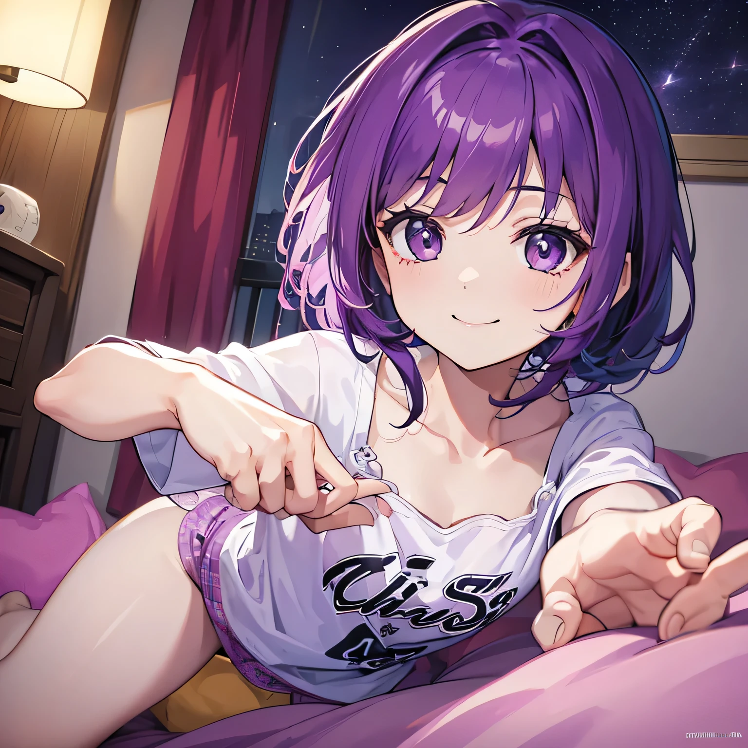 (T Masterpiece，4k wallpaper，Best Quality))、((girl１people))、(solo)、Bright and Brilliant，(Purple Hair)、(Shortcuts:1.3)、smile、Bedroom、pajamas、night