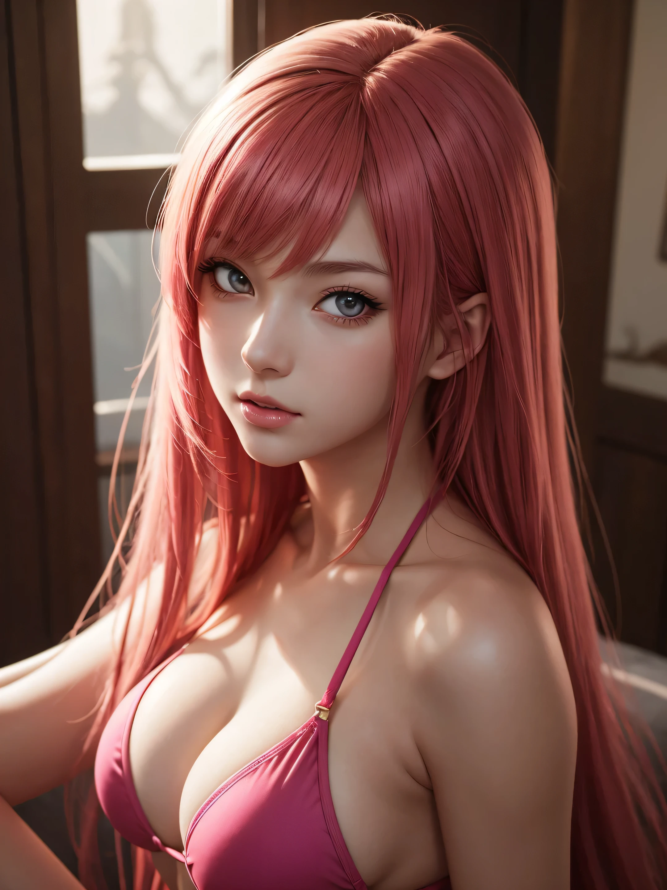 a photorealistic painting, fantasy art, seductive portrait, hyper realistic anime, photorealistic anime, beautiful alluring anime woman, photorealistic anime girl render, seductive anime girl, crimson bikini, HotPink hair, Raphtalia