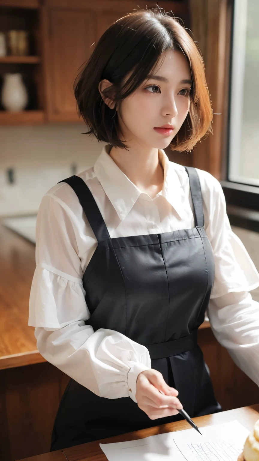 (Layered Haircut:1.2))、Short Wavy Hair、8k、（RAW Photos）、（最high quality）、（Realistic：1.4）Realistic to the touch Realistic、(4KHigh resolution:1.2)、(High resolution, Tabletop, 最high quality, Attention to detail, formal: 1.4), (Realistic: 1.2, 超Realisticな: 1.1, Realistic: 1.37), Written boundary depth, (Detailed description of the hair), (Detailed description of the face), Unparalleled beauty,, (Age 35,: 1.4)、Autumn Clothes、I&#39;I&#39;m feeling a bit depressed、(In a room with white walls and a window、Shot in a beauty salon)、Natural soft light、short hair、Bobhair、Realisticな、High resolution、high quality、profile、Various poser.々Hair style、profile、Bob、Random Pause