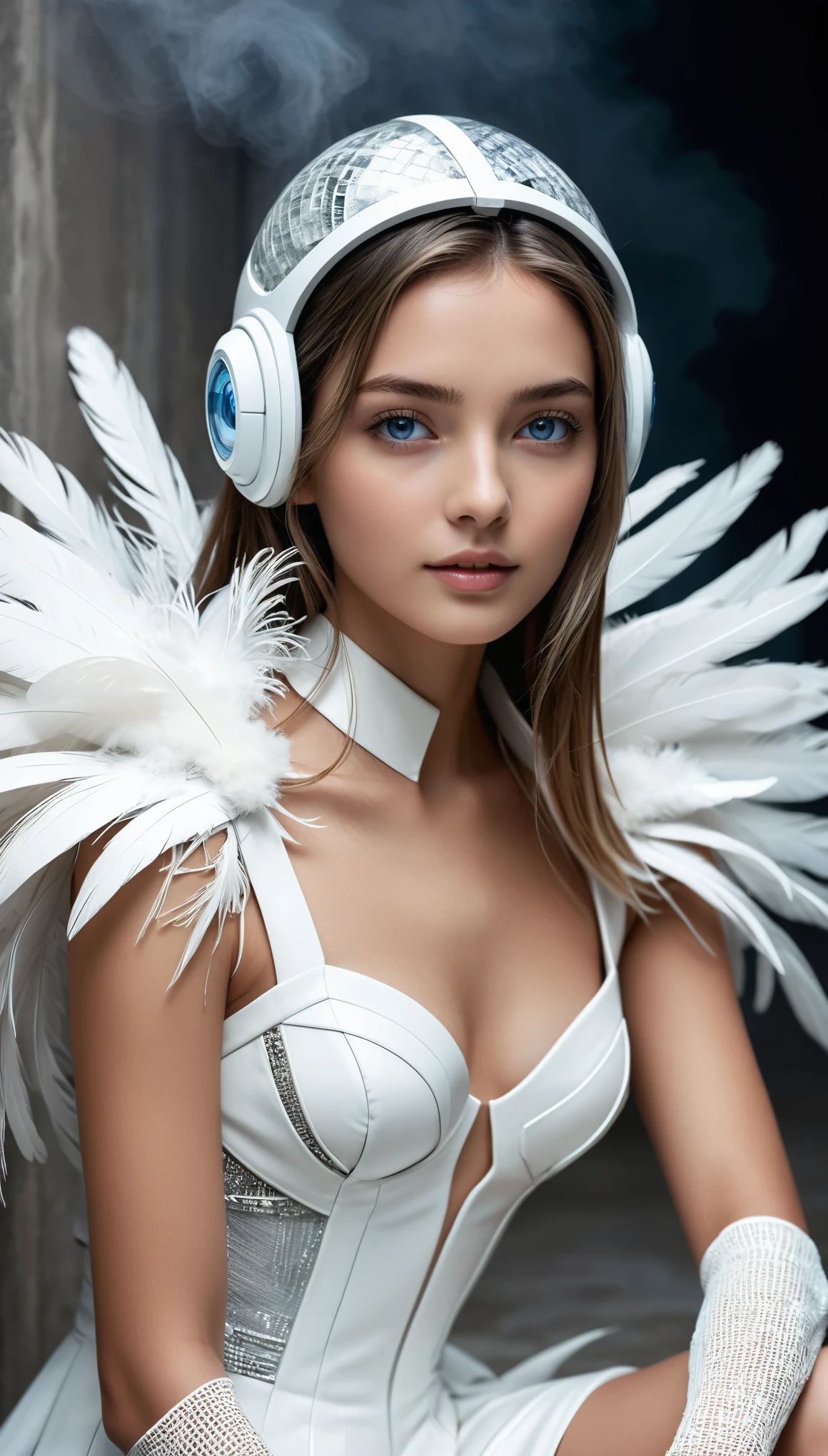 masterpiece, Best Quality, Realistic, Futuristic fashion, fashion portrait, BREAK (1girl,sitting:1.4),(all body shot:1.9), BREAK Incredibly slim waist, Upward-facing medium and perky nipples, with disproportionately medium breasts, and rounded medium buttocks, exuding a sculptural beauty, White and beautiful skin, slim face, arranged gray hair, looking viewer, meat stuck to the clothing, BREAK _ “Future Fusion: Avant-Garde Indian Costume”, Incorporate white hues with futuristic twists, Feather embellishments fused with sleek surface materials, Opt for a structured bodice with angular lines, Layer with translucent fabrics featuring intricate patterns, Accessorize with metallic accents for a modern edge, Strike a pose embodying the essence of haute couture,
BREAK small head, Detailed face, cute and Pretty slim face, Duck mouth, perfect beautiful Tooth, blue eyes, half open eyes, shiny eyes, looking viewer,
(in a concrete, fog, mist, steem)