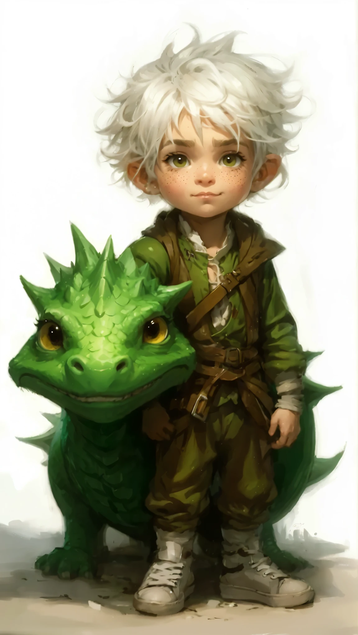 Jeanne-Baptiste Monge, 5 , cute boy, funny, with freckles, a boy with disheveled white hair, curls, big yellow eyes, eyebrows, a house, a snub nose, plump lips with a bow, in a green jumpsuit and sneakers, next to a large green dragon, a book image in the RPG genre, an image from "Dungeons and dragons", fantasy image, book illustration in fantasy style, graphic artist Magali Villeneuve, image of the author in faces, concept art image in fantasy style, realistic illustration in fantasy