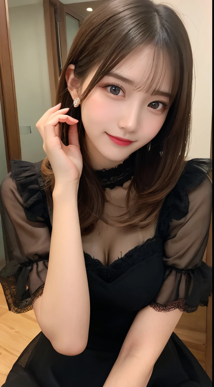 Tabletop, highest quality, shape, Very detailed, finely, High resolution, 8k wallpaper, 完璧なダイナミックな構shape, Beautiful and detailed, Medium Hair, Small breasts, Natural color lip, Random sexy poses,smile,20-year-old girl、Midnight、Beautiful and elaborate face、Perfect and beautiful face,Big eyes、RAW Photos、Expressing feminine poses with the whole body、Beautiful and detailed、Small face、Beautiful Duplex、Slim face and figure,Luxury brand mink coat(internal:black winter dress)、Beautiful golden ratio face,Twin ponytail