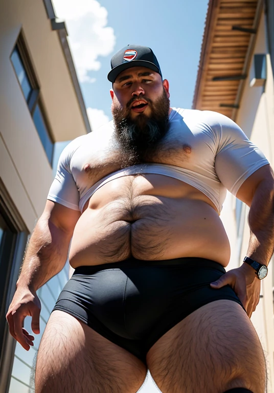 (view from below),dynamic angle,ultra-detalhado, illustration, ), Only huge plump morbid thighs extremely thick. He is bald and has a long beard with some gray hairs.. Ele veste camiseta regata de time de basquete. Homem mostrando seu corpo usando apenas sunga de praia cores variadas . He's not wearing a shirt. ( Ultra realistic eye pupil and iris, detalhado. ) Paradisiacal beach scenery. He wears sports glasses. He wears prescription glasses. Wear aviator glasses. he's running. He gestures with his hands. He makes a sign with his hands that he is confident. He's gently accepting your crotch. Ele segura firme a virilha. he's angry. Wearing a sports cap. wearing cowboy hat. Gold chains around the neck and watch and bracelets on the wrist. Wear a wedding ring.