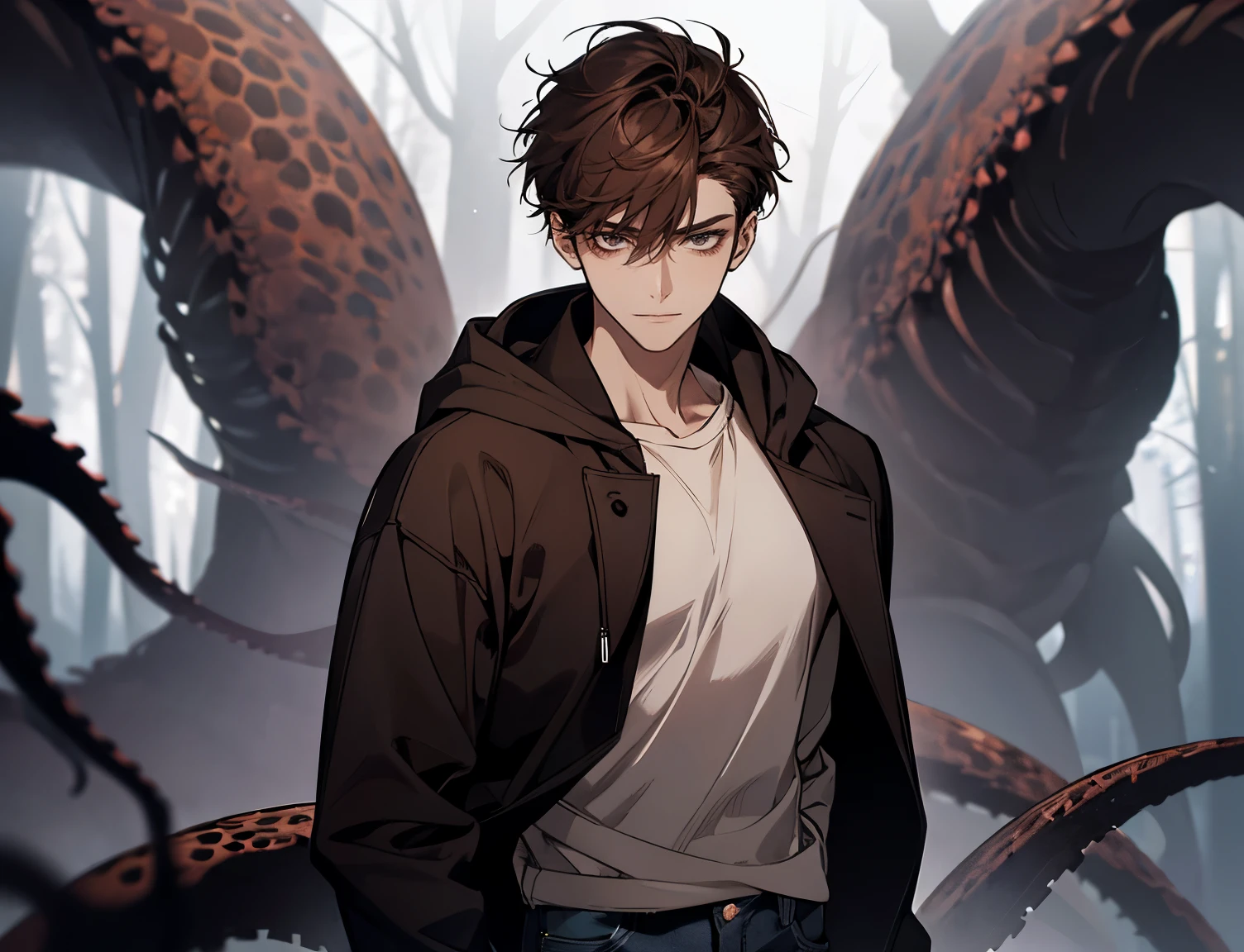 1 man, teacher, wearing white shirt, dark grey sweater, hood, jeans, dark brown hair, short hair, red eyes, face to detail, detailed eyes, the background is a dark forest, holding a knife, black tentacles coming out of his back