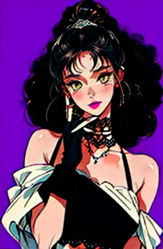 (masuter piece:1.2、top-quality)、(Live action、Intricate details)、(1lady、solo、The upper part of the body、Colossal tits) garments: Edgy、Black jumper、black pleated mini skirt、Avant-garde、Experimental appearance: dreadlocks、dark skin Location: urban art district、yellow eyes, handbag, hoop earrings, high heels, lacy gloves, arm tattoo, black nails, blush, blue eyeliner