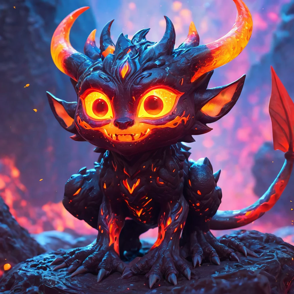 Cute Lava Demon by Ross Tran and James Jean, sparkling eyes nestled in a bright, colorful, magical landscape, intricate acrylic texture details, fairy-like traits with a grunge twist, neon ambiance with abstract black oil elements, rendered in Unreal Engine for a photorealistic effect, enchanting play of light and colors, invoking smiles, intricate complexity, sparkling with enchanting charm, vivid colors, ultra aesthetic, trending on Artstation, sharp focus, studio photo quality, intricate details, highly detailed