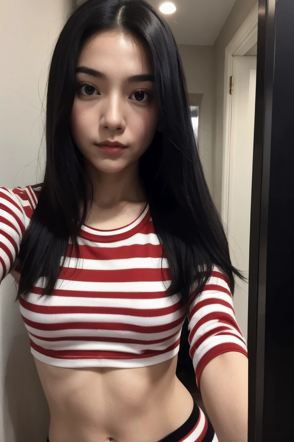 Selfie photo of a girl with medium hair, black hair, slim and fit, wearing thigh high socks with red stripes and wearing black underwear and looking directly at the camera