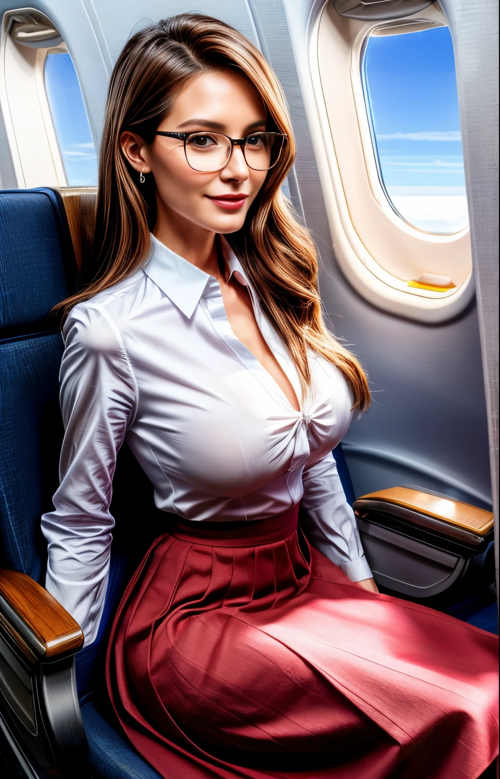 Professional, High level of detail, close up photo (attractive 35yo woman:1.3),long hair,(steward dress, long skirt, elegant)1.455,ray tracing, natural lighting, (seductive:1.1), (blushing:1.1 ), (classy, elegant, dandy)1.2, (round big breasts)1.2 (pokies)1.3, (toned body, hourglass body shape) (wipe hips), (full body with visible face and eyes)1.5, glasses, earnings, plane, sit down bussiness class, crossed leg, shy smile, pink lips