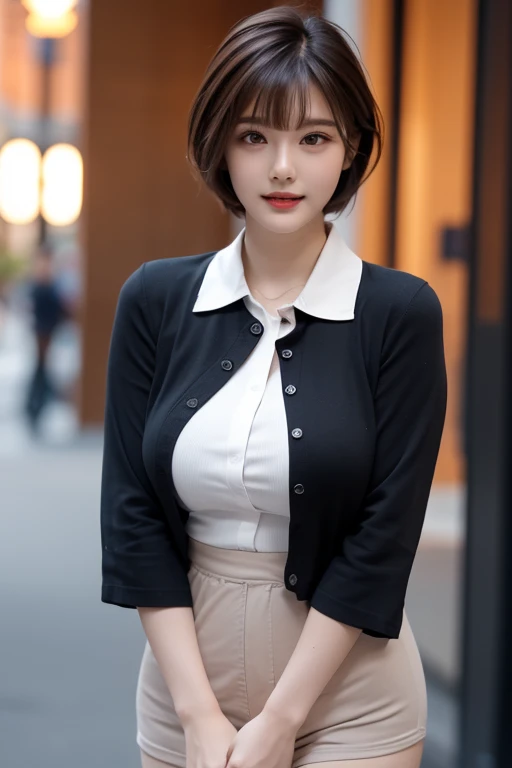 (Raw photo, Best Quality), (Realistic, Photorealsitic:1.3), masutepiece, extremely delicate and beautiful, Extremely detailed, nffsw, Unity , 2k wallpaper, amazing, finedetail, lightsmile, Highly detailed ticker Unity 8k wallpaper, hugefilesize, Ultra-detailed, hight resolution, absurderes, Soft light, (((Short hair:1.3), short length bangs, Floating Hair NovaFrogStyle)), Beautiful detailed woman, Detailed fingers, extremely detailed eye and face, beautiful detailed nose, Beautiful detailed eyes, long eyelashes, Light on the Face, (Closed mouth:1.2), Mature Face, (Cowboy Shot:1.3), (large full breasts), Realistic face, Realistic body, Beautiful detailed thighs, (Urzo-6500-V1.1:0.8), Business Suit, cross-laced clothes, Collared shirt, Open your clothes, in a office, Detailed Office, open cardigan, thighs thighs thighs thighs, Miniskirt, Black underwear, Unbuttoned shirt
