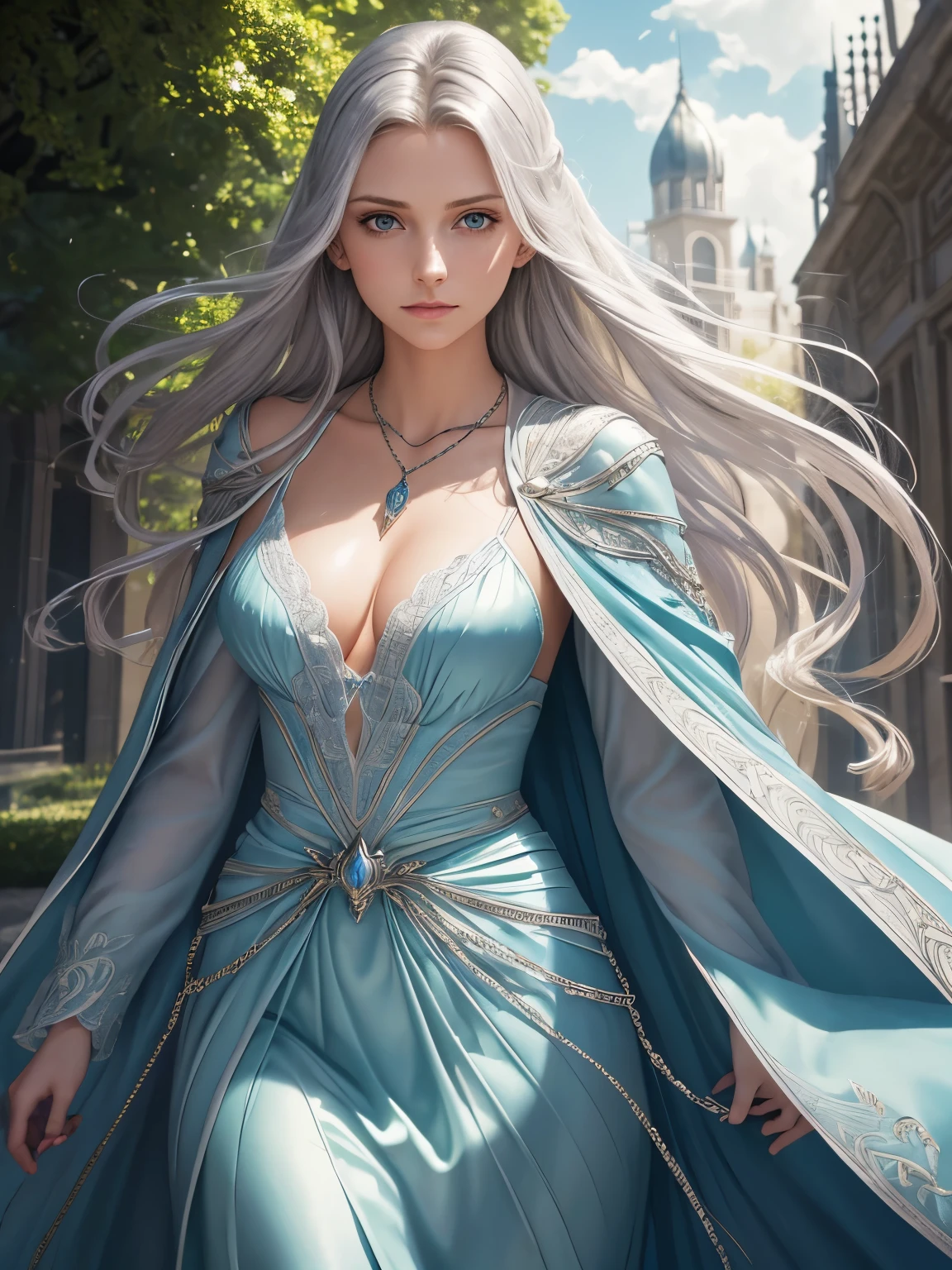 21 years old, beautiful girl, Fleur Delacour，Long silver hair to the waist, Big shiny green eyes, Long eyelashes, Cleavage，Long blue cloak, Silver chain with pendant around neck, Background of Beauxbatons, Casting posture，{{{masterpiece}}},{extremely detailed CG unity 8k wallpaper},best quality,Amazing,finely detail,solo,cinematic lighting,close-up,{{floating hair}},outdoors,sky,{{wind}},detailed background,beautiful detailed eyes,,bright pupils,{{full body}}, dynamic pose,dynamic angle,looking at viewer,detailed clothes,,
