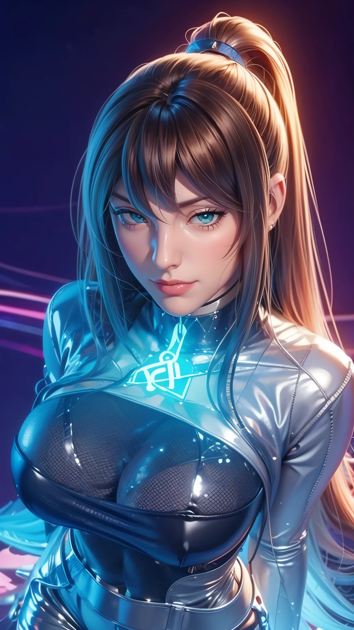 (((完美figure,figure,solo, White and tender skin,(((hoodie,wearing a hoodie))),(((mei_terumi,long hair, brown hair, green eyes, hair over one eye, Red brown crossed long curly hair, right eye covered by hair, pink lips))),((masterpiece)),high resolution, ((Best quality at best)),masterpiece,quality,Best quality,((( Exquisite facial features,Looking at the audience,There is light in the eyes,(((Smile,confidence)))),))),型figure:1.7))),(((Light and shadow,Huge breasts))),(((Looking at the camera,black background,colorful, neon lights,baby pink, baby yellow, silver, white,Overlooking,from above )))