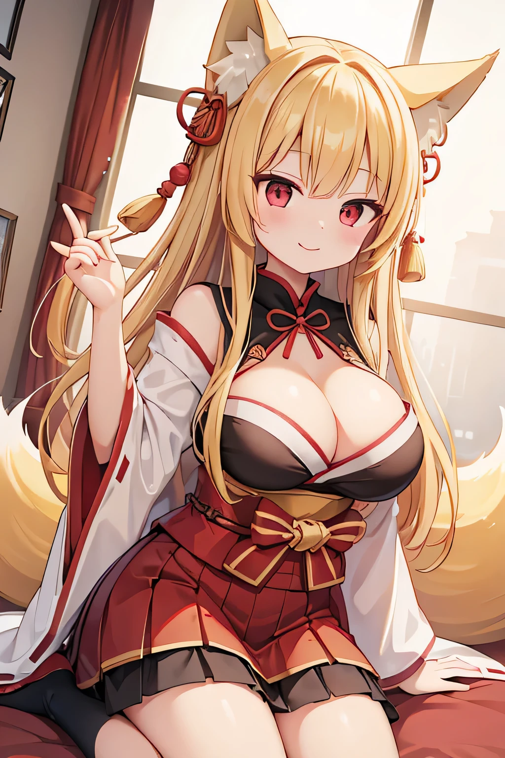 highest quality、smile、Big Breasts、Cleavage、Fox ears、Long blonde、Red Eye、uniform、mini skirt、Japanese-style room、Angle from below