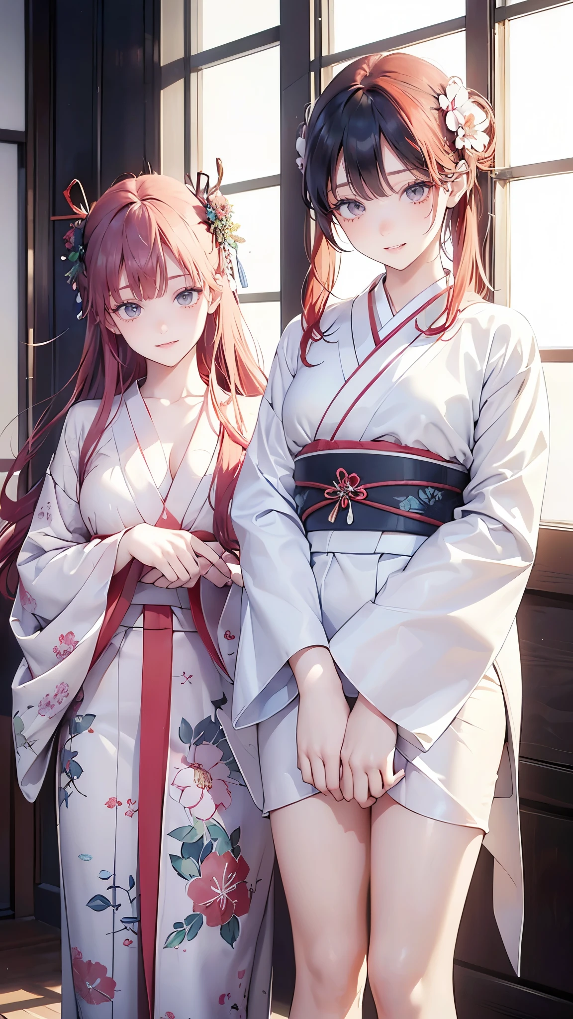 ((8k resolution))、((highest quality))、((masterpiece))、((Very detailed))((((dramatic))), (Anatomically correct)、The depth of the object to write、perspective:Spy Camera、front、2 people、woman、Mother and daughter、Slim but muscular body, Toned arms, length, Thin legs, Center of chest、Athletic Presence,(Hairstyle:undercut 、Long Red Hair、Flower Hair Ornaments、Three white eyes、Double teeth、smile、Embarrassed expression)、kimono、take off your clothes、pubic hair、(theme、whole body:1.1)、Early summer background、Fresh green、Japanese-style room