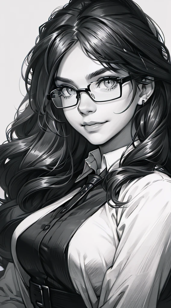 sketching,pencil drawing,Portrait of a Young Woman,longwavy hair,ssmile,Professional Dress,eye glass,Black and white picture,Black and white art,Black and white illustration,super-fine,Hair is carefully described,The eyes are carefully depicted,best qualtiy,8K resolution
