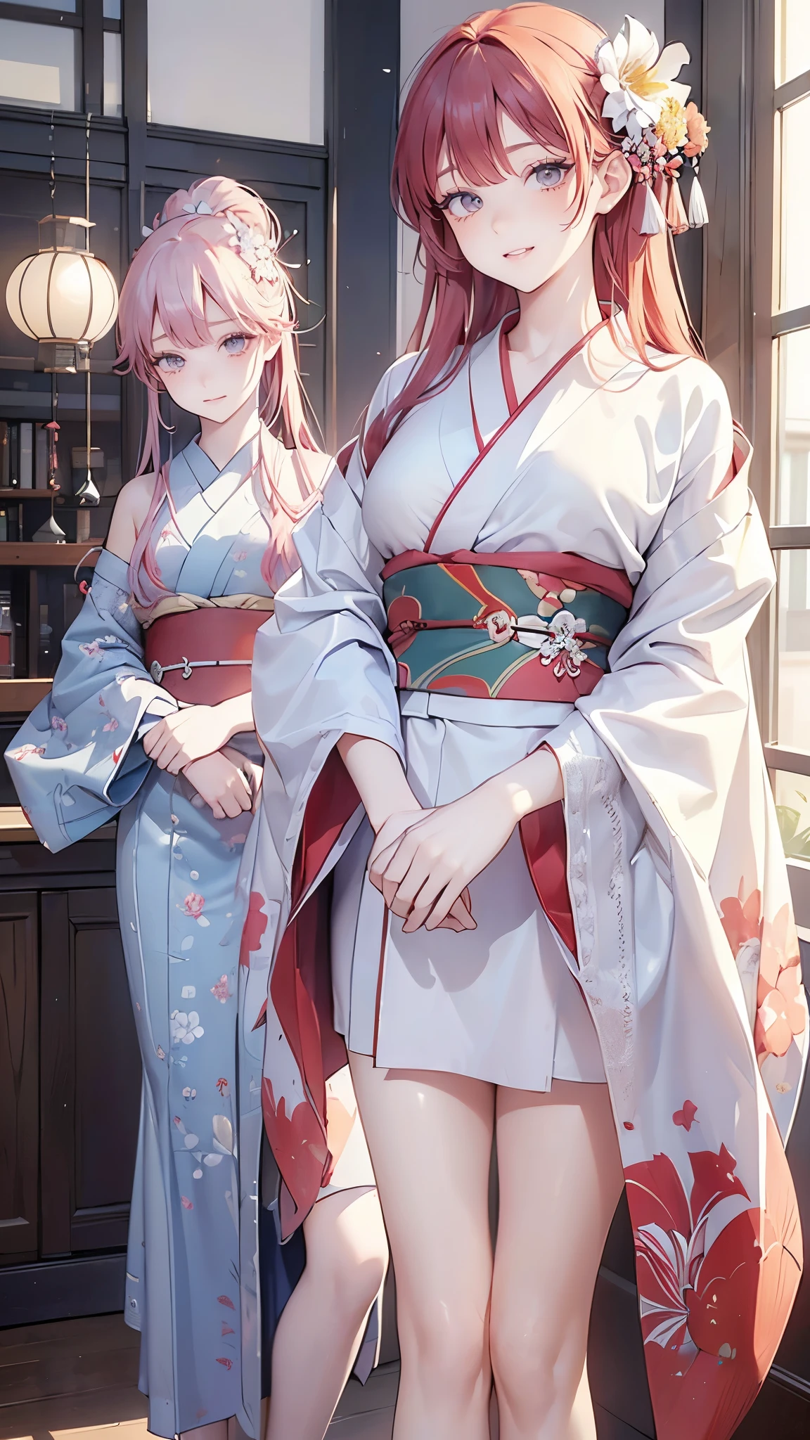 ((8k resolution))、((highest quality))、((masterpiece))、((Very detailed))((((dramatic))), (Anatomically correct)、The depth of the object to write、perspective:Spy Camera、front、2 people、woman、Mother and daughter、Slim but muscular body, Toned arms, length, Thin legs, Center of chest、Athletic Presence,(Hairstyle:undercut 、Long Red Hair、Flower Hair Ornaments、Three white eyes、Double teeth、smile、Embarrassed expression)、kimono、take off your clothes、pubic hair、(theme、whole body:1.1)、Early summer background、Fresh greenery、Japanese-style room