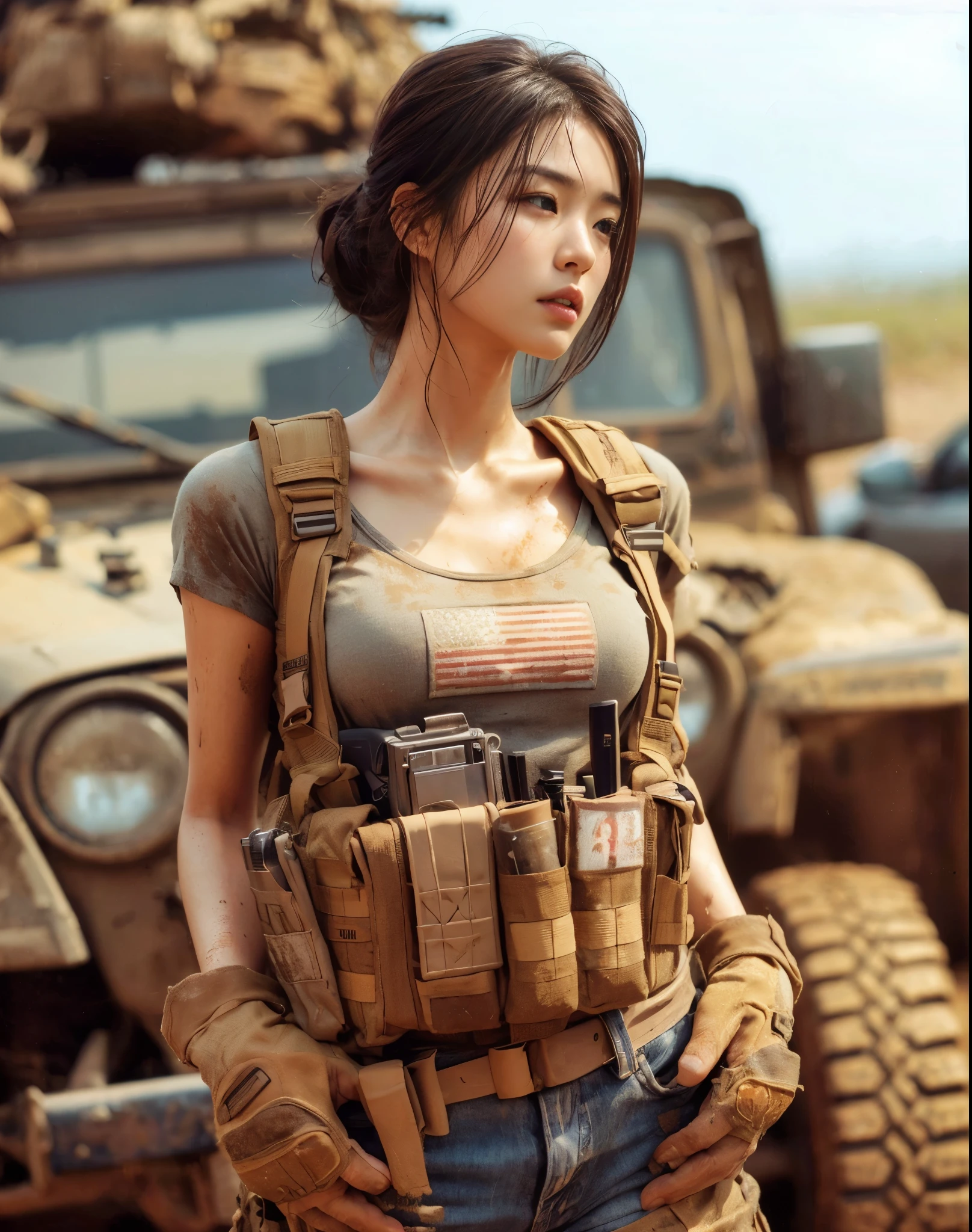 (best quality,8k,realistic photo:1.2),ultra-detailed,realistic skin texture,Japanese woman serving in the U.S. Army,t-shirt,rugged terrain,jeep stuck in mud,muddy,bulletproof vest,blurred background