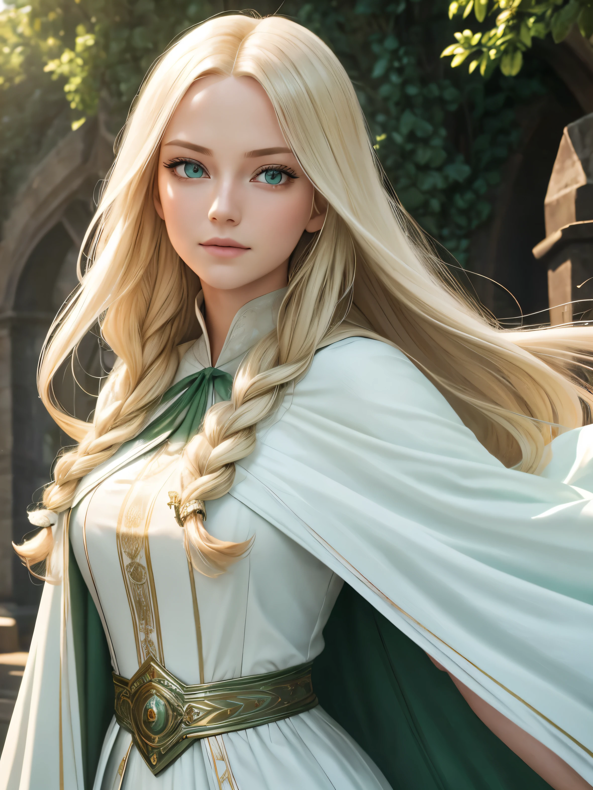 21 years old, Noble and beautiful princess,Narcissa,Long blonde hair and waist, Big shiny green eyes, White skin,Long eyelashes, Long green cloak, Background of Hogwarts, Casting posture,{{{masterpiece}}},{extremely detailed CG unity 8k wallpaper},best quality,Amazing,finely detail,solo,cinematic lighting,close-up,{{floating hair}},outdoors,sky,{{wind}},detailed background,beautiful detailed eyes,,bright pupils,{{full body}}, dynamic pose,dynamic angle,looking at viewer,detailed clothes,,